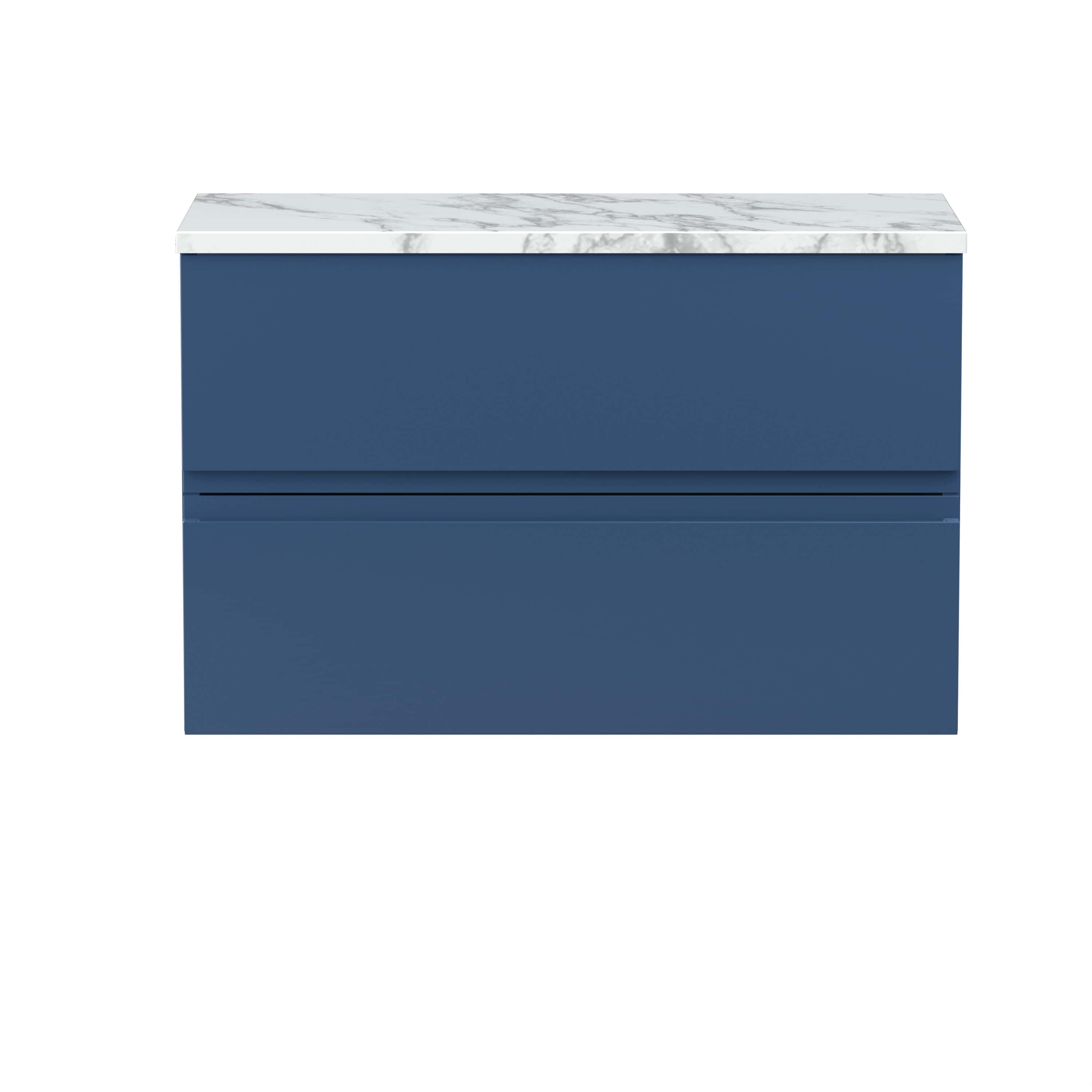 Sleek blue bathroom vanity with marble top, modern design, ample storage, ideal for contemporary bathrooms. Perfect for enhancing bathroom aesthetics with functional storage and elegant style.