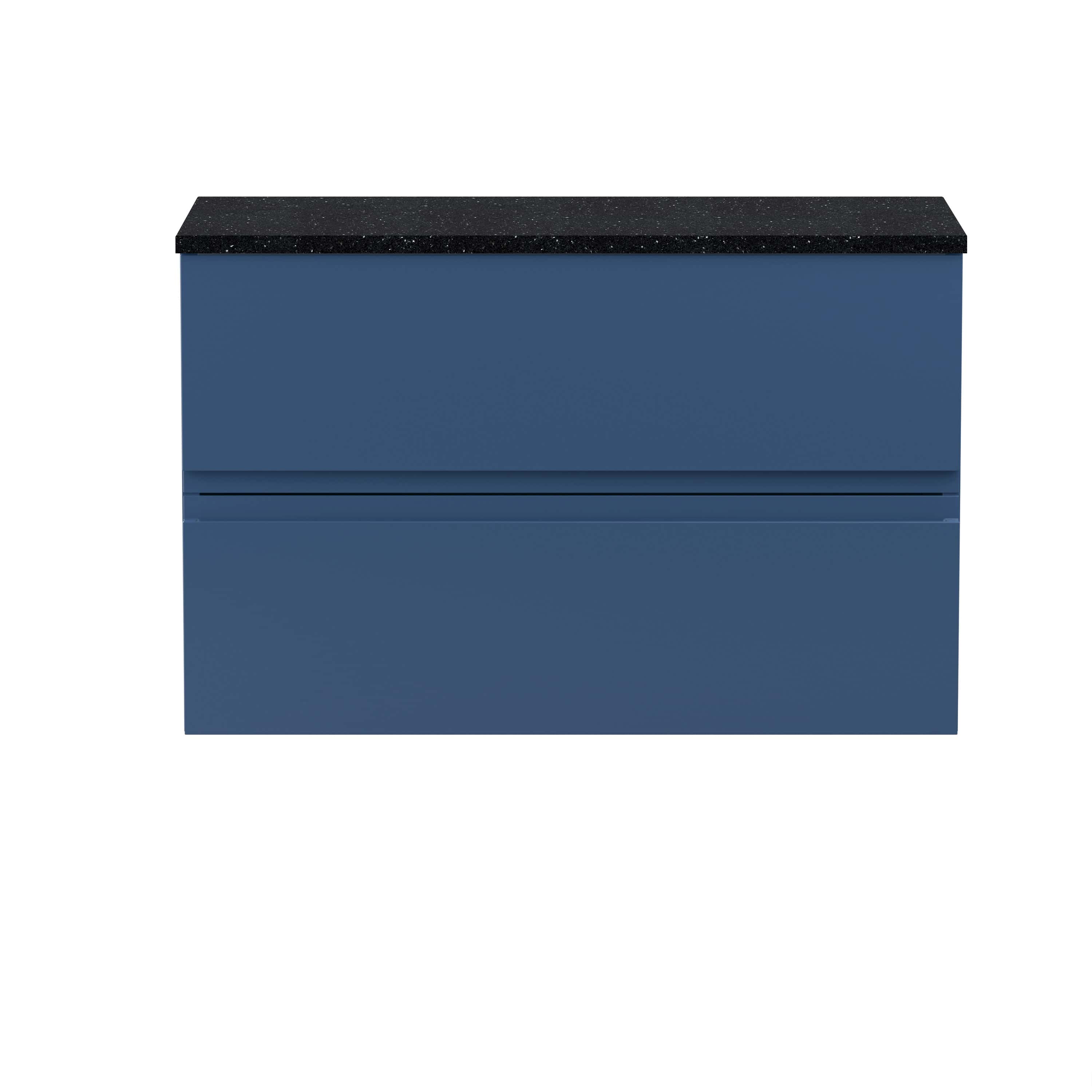 Sleek blue bathroom vanity unit with black granite countertop, modern storage solution for contemporary bathrooms, part of Bubly Bathrooms' stylish bathroom furniture collection.