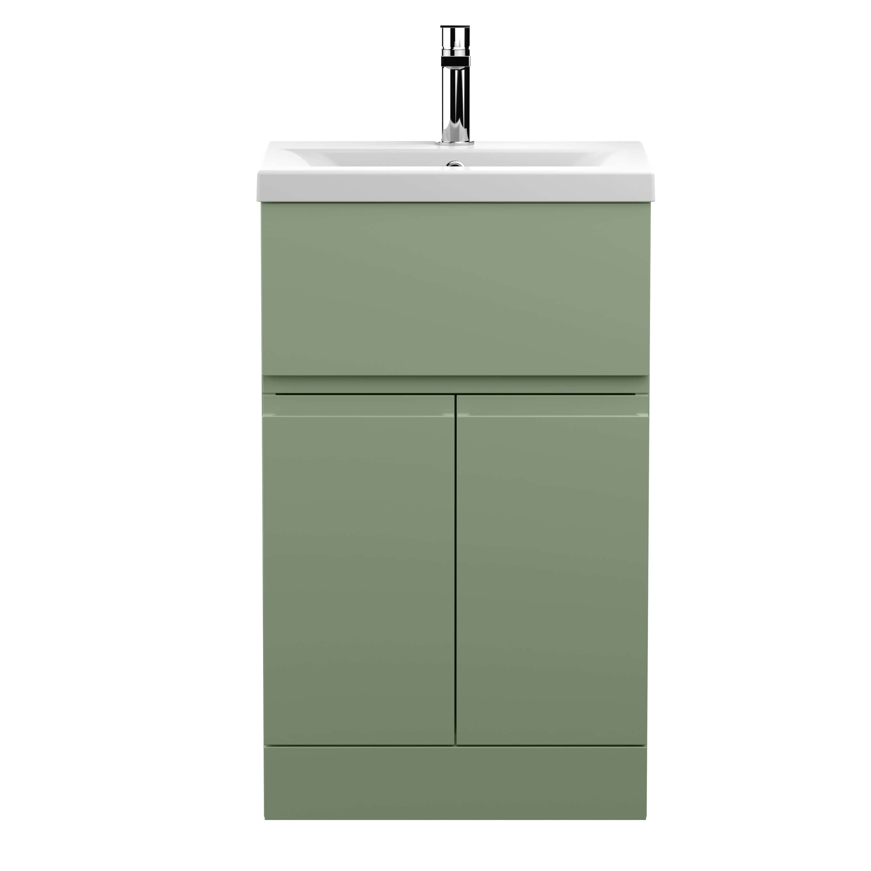 Modern green bathroom vanity unit with integrated sink and chrome tap, ideal for stylish bathroom storage and organisation. Perfect for contemporary bathroom designs.