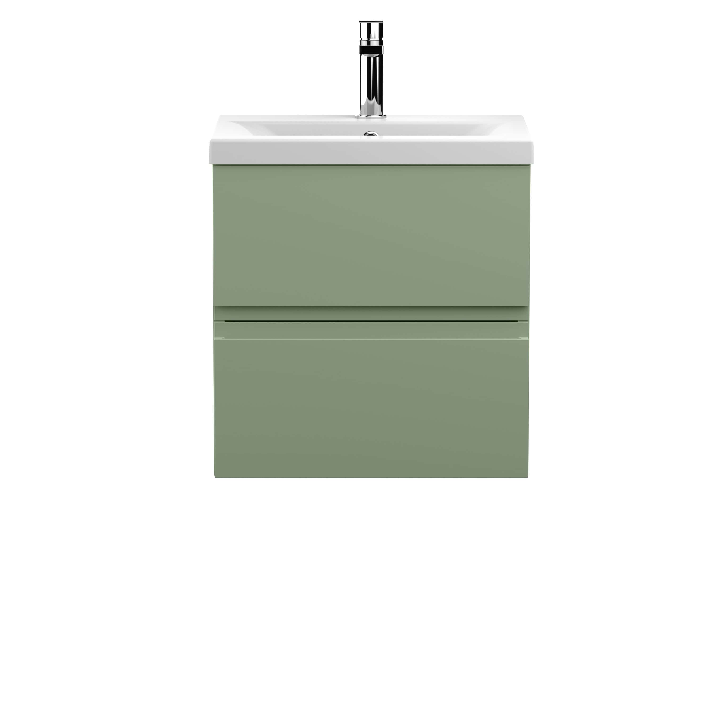 Contemporary bathroom vanity with integrated sink and sleek chrome faucet in soft sage green, perfect for modern bathroom decor.