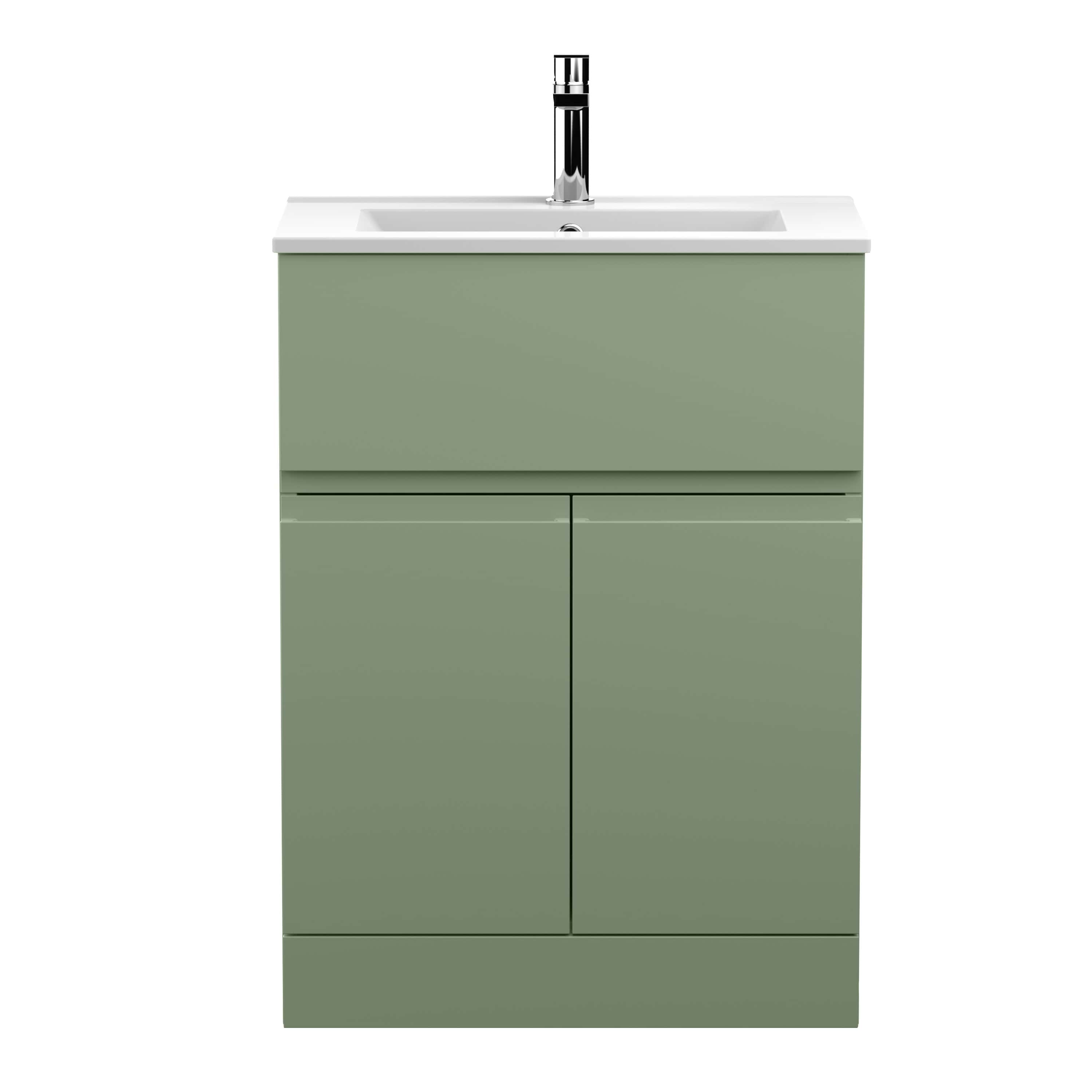 Modern green bathroom vanity with integrated sink and chrome faucet, ideal for contemporary bathroom renovations and stylish storage solutions.