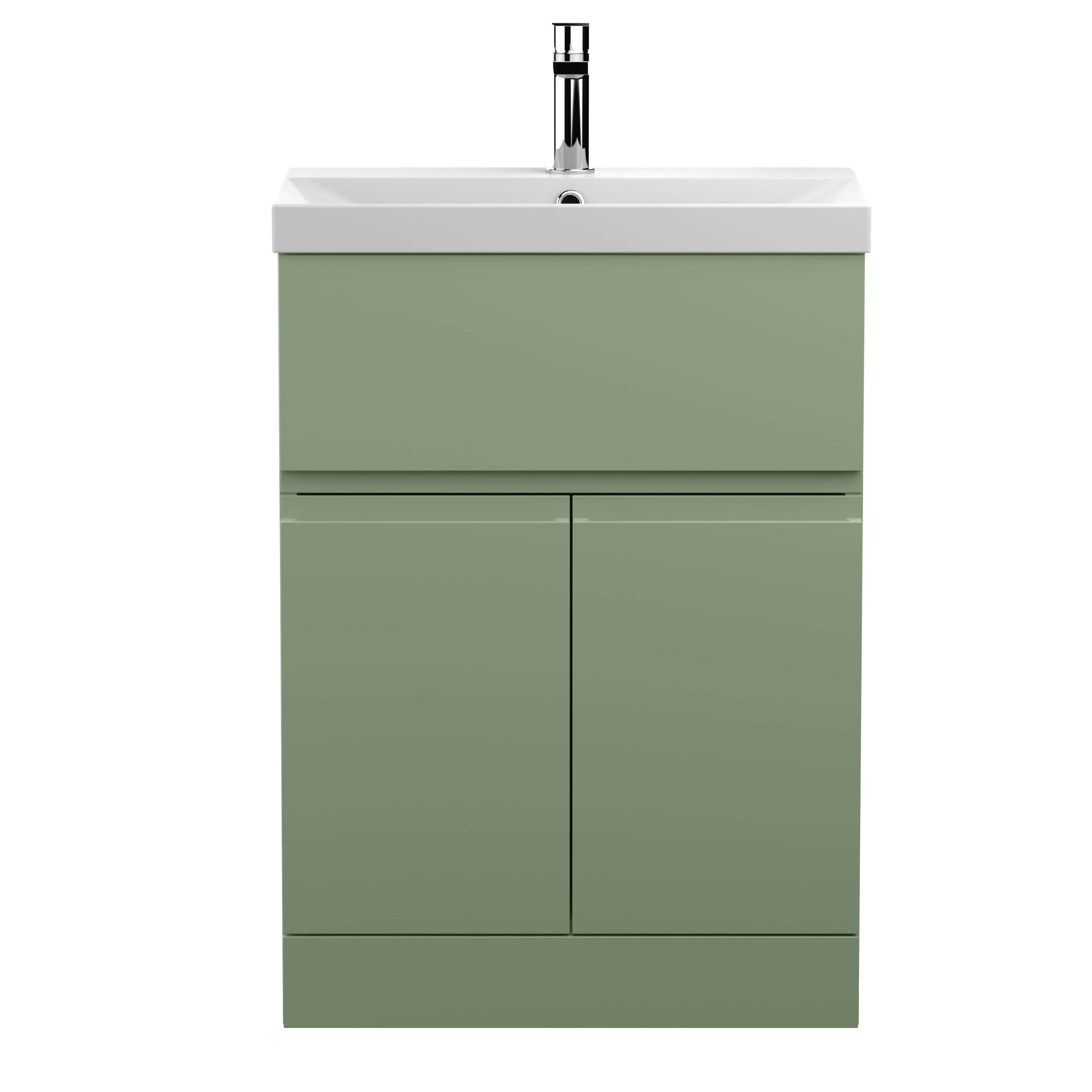 Modern green bathroom vanity unit with integrated sink and chrome tap, ideal for contemporary bathroom designs. Stylish and space-efficient storage solution by Bubly Bathrooms.