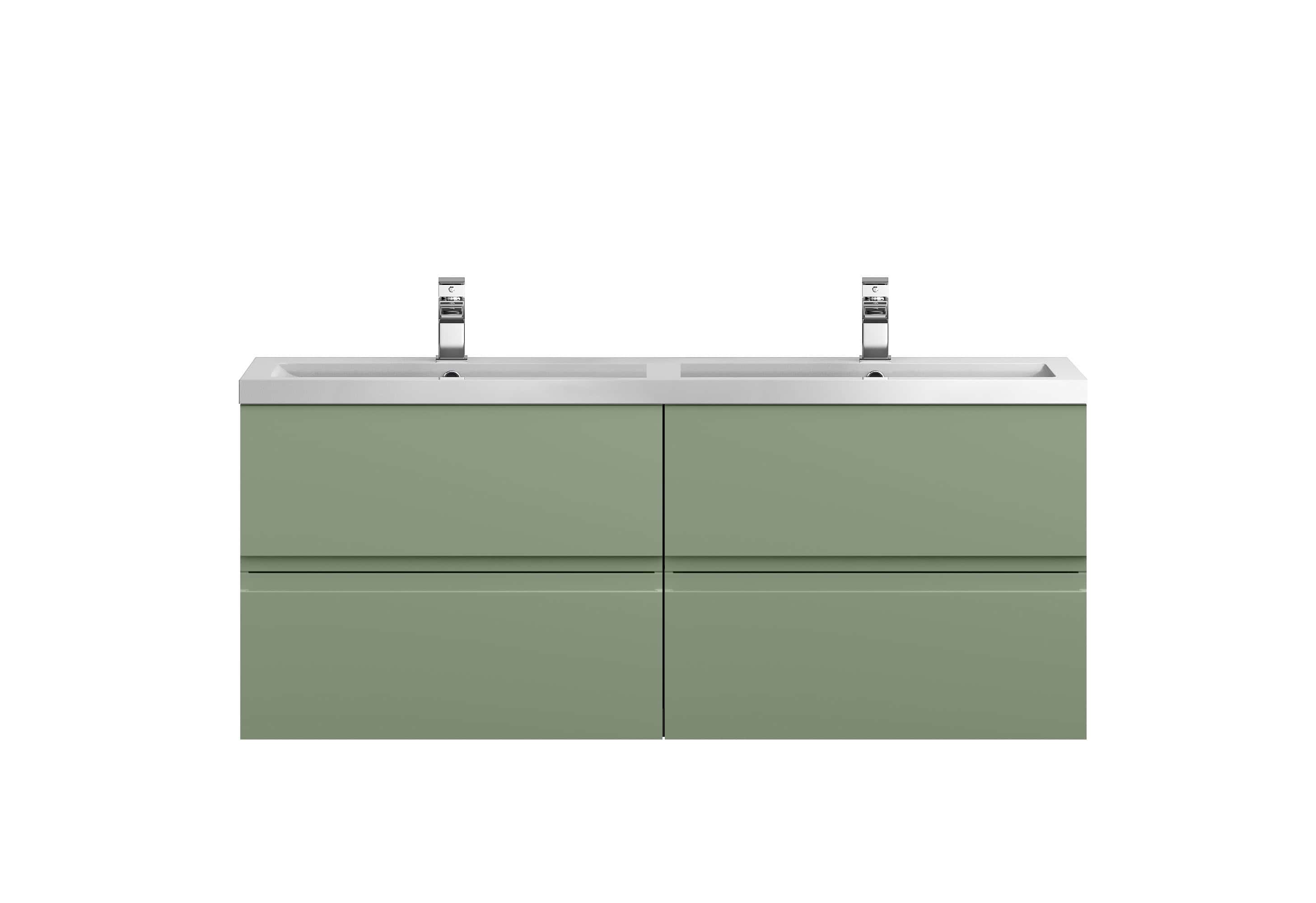 Contemporary green bathroom vanity with double sinks and chrome faucets, ideal for modern bathroom designs and renovation projects.