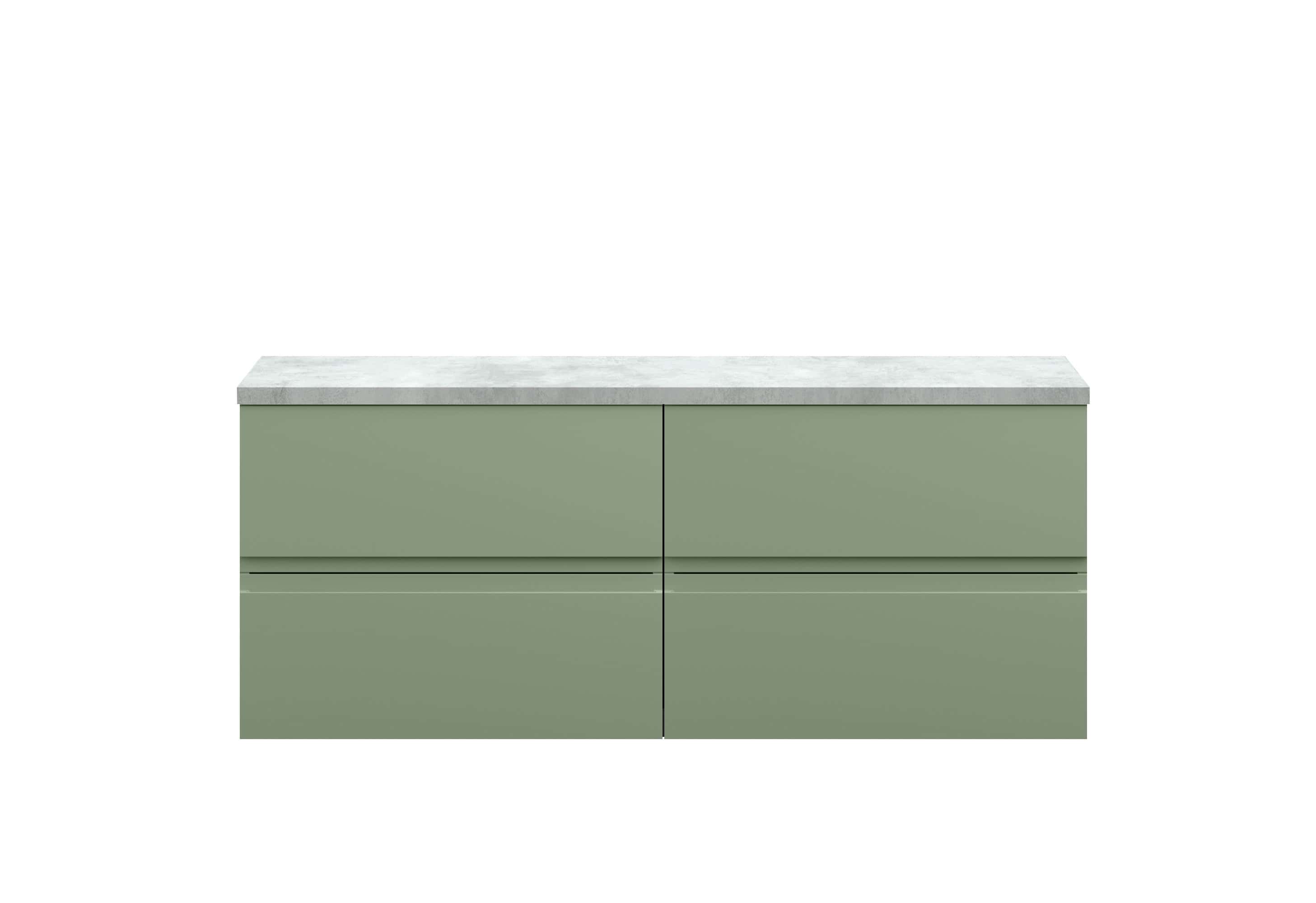 Sleek green bathroom vanity unit with a light grey marble countertop, modern and minimalist design, perfect for contemporary bathroom interiors.