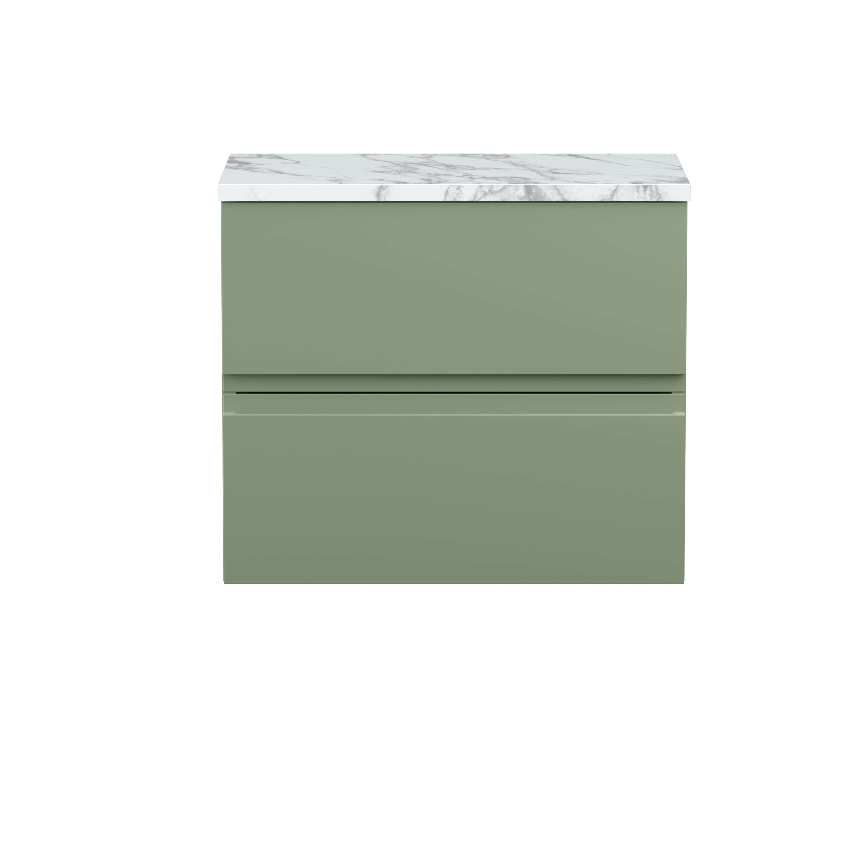Sleek green bathroom vanity unit with a marble-effect countertop, modern storage drawers, and minimalist design. Perfect for contemporary bathroom interiors.