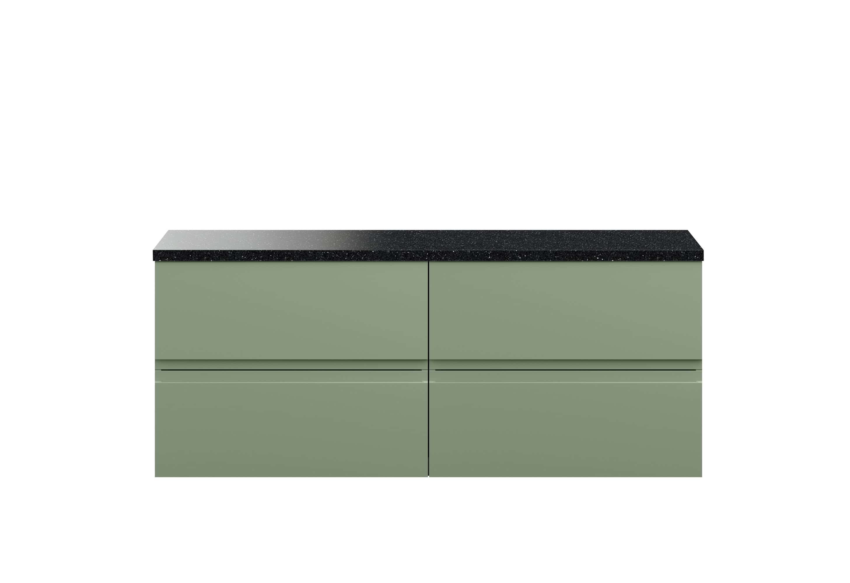 Sleek green bathroom vanity with black granite countertop, modern minimalistic design, ideal for contemporary bathroom interiors.