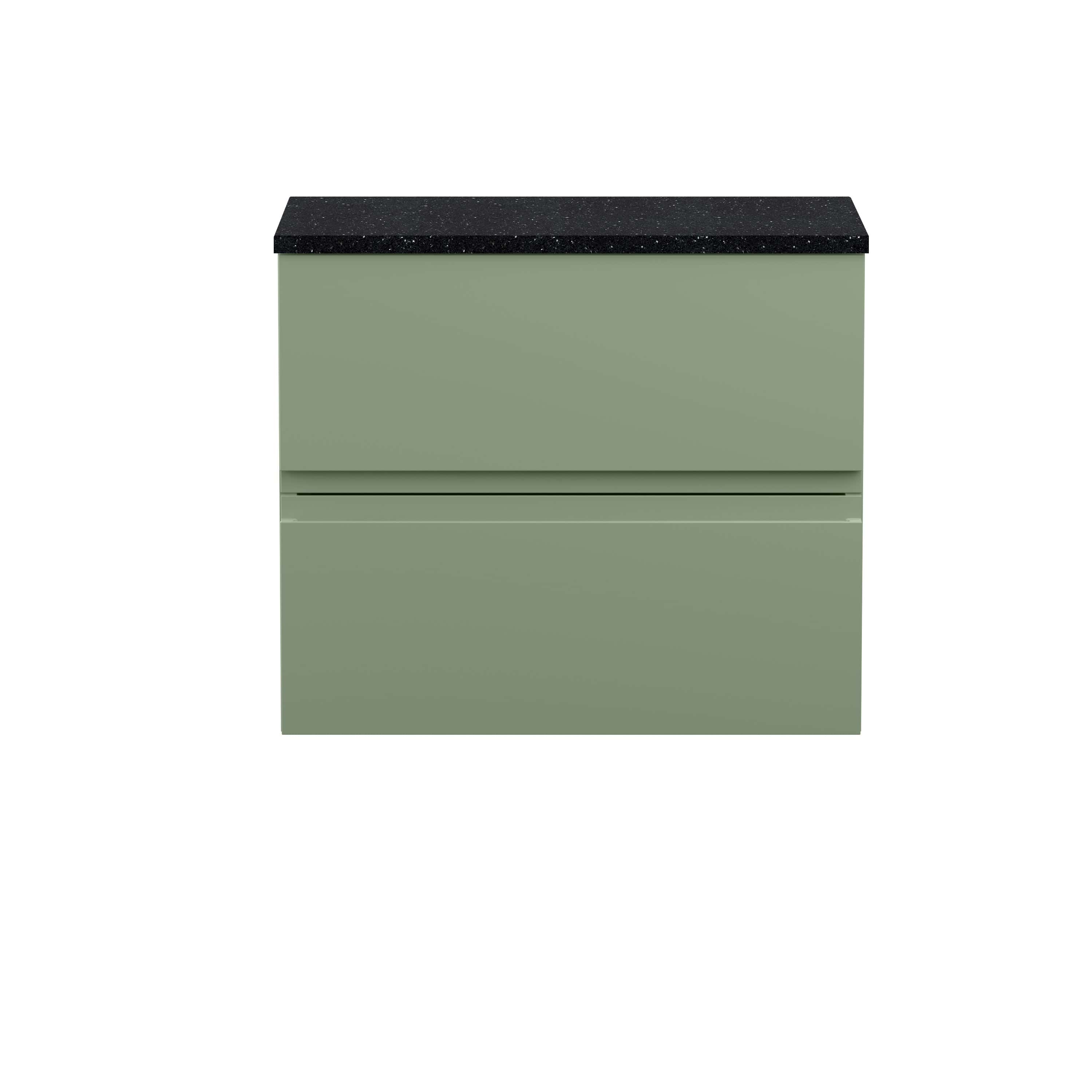 Sleek green bathroom vanity unit with black stone top, modern storage solution, minimalist design, ideal for contemporary bathrooms, durable and stylish furniture from Bubly Bathrooms.