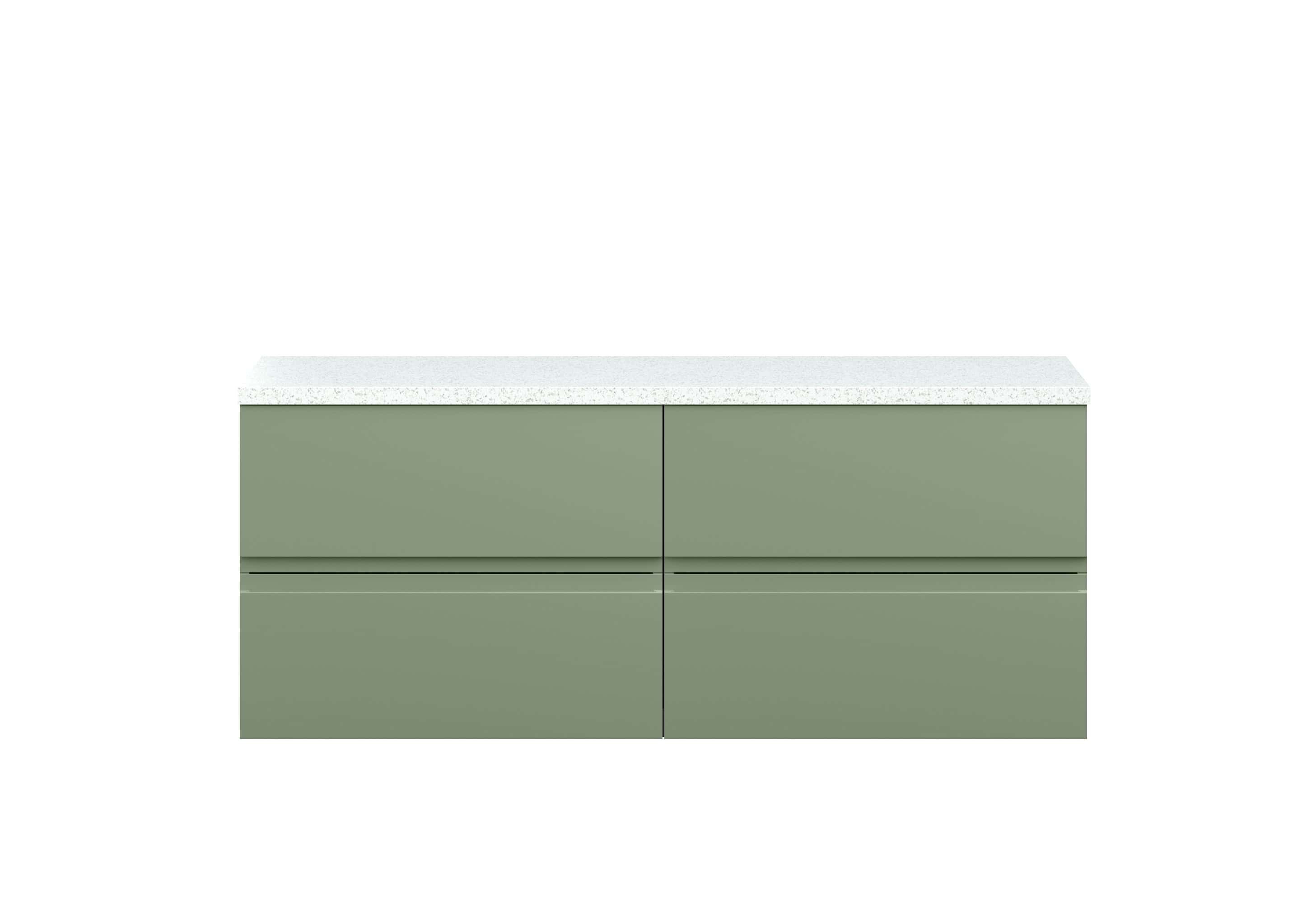 Sleek green bathroom vanity with a white speckled stone countertop, modern handleless design, ideal for contemporary bathroom renovation and storage solutions.