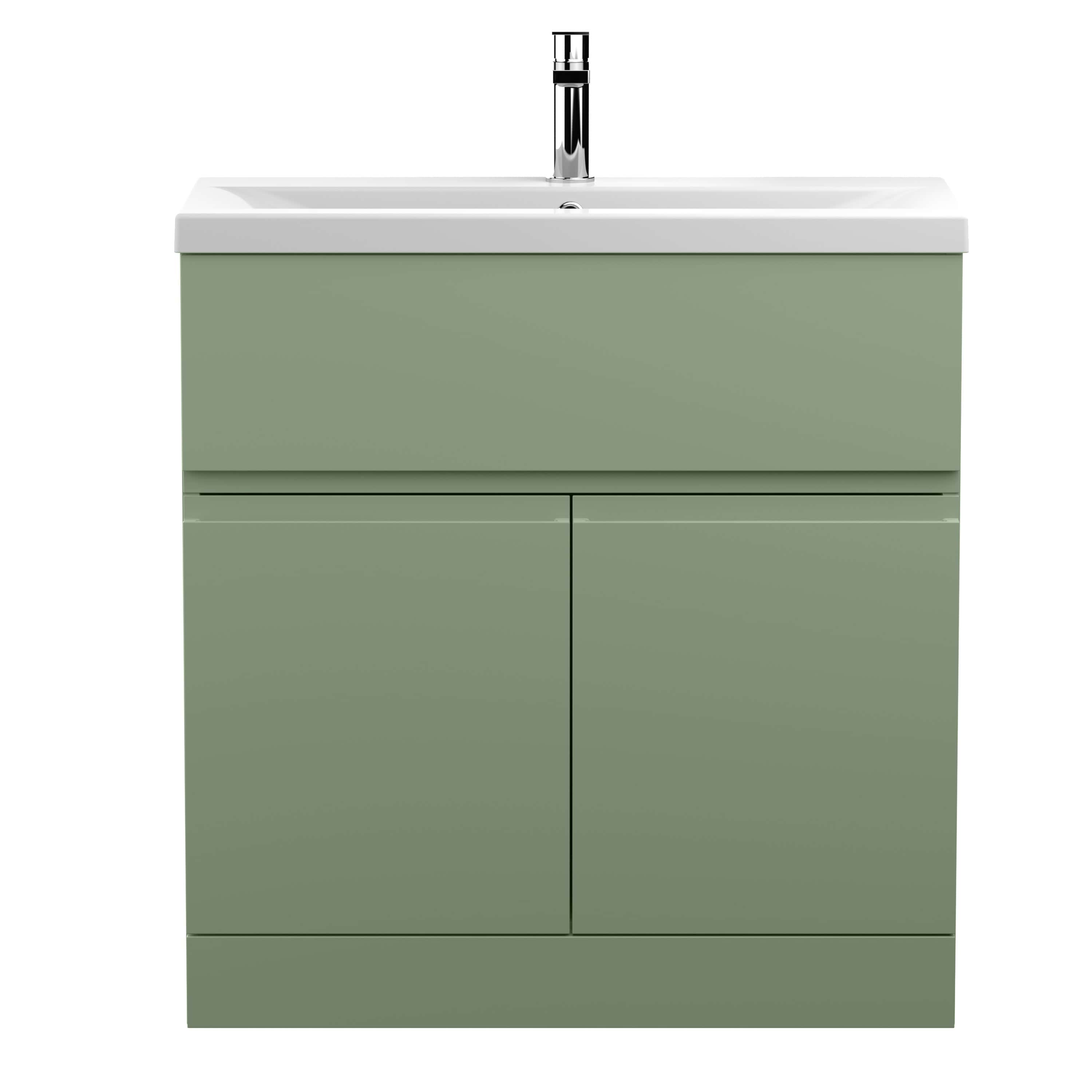 Sleek modern bathroom vanity with a integrated sink and green finish, featuring clean lines and storage space, ideal for contemporary bathrooms.