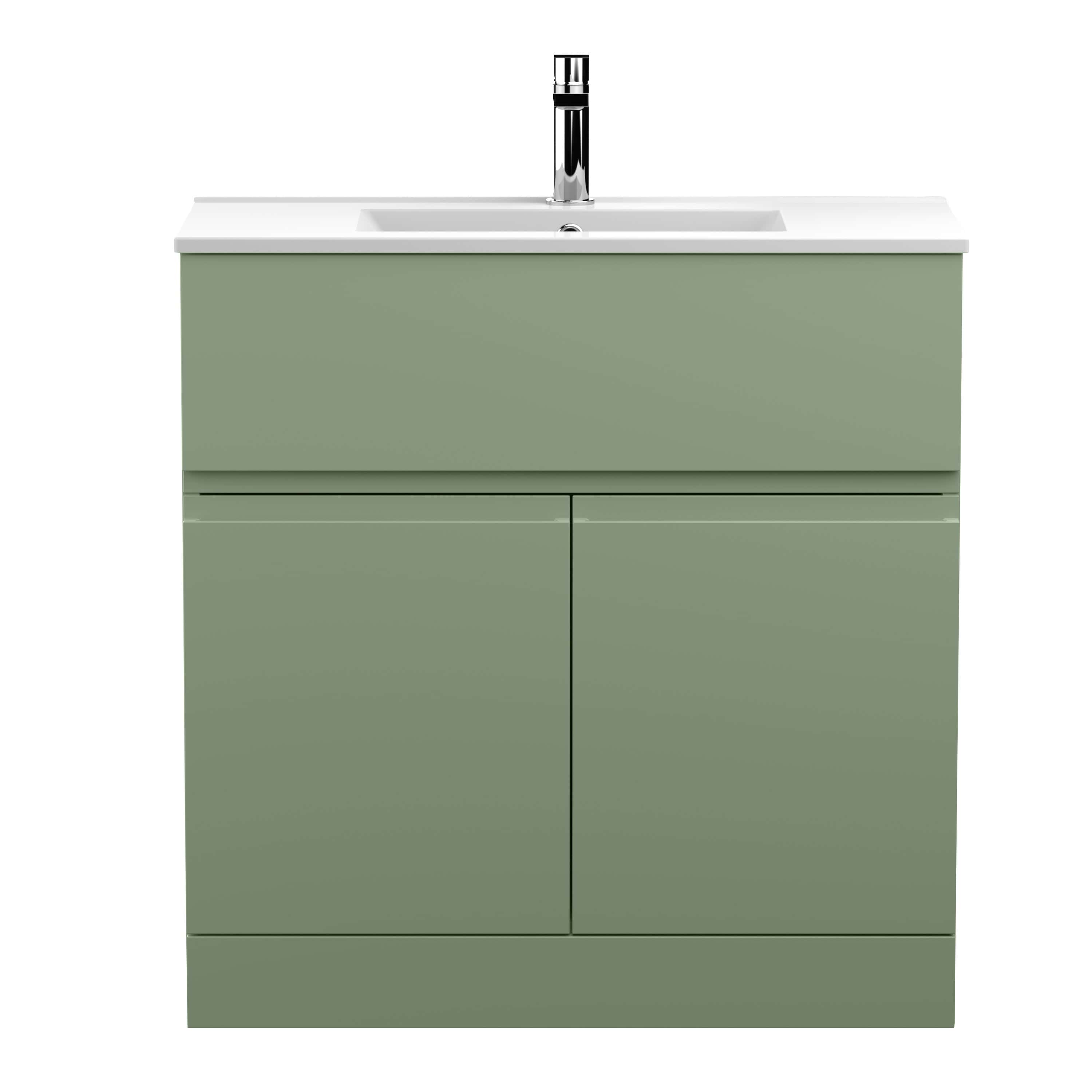 Stylish green bathroom vanity with integrated sink and modern chrome faucet, perfect for contemporary bathrooms. Durable, sleek design enhances bathroom functionality and aesthetic appeal.