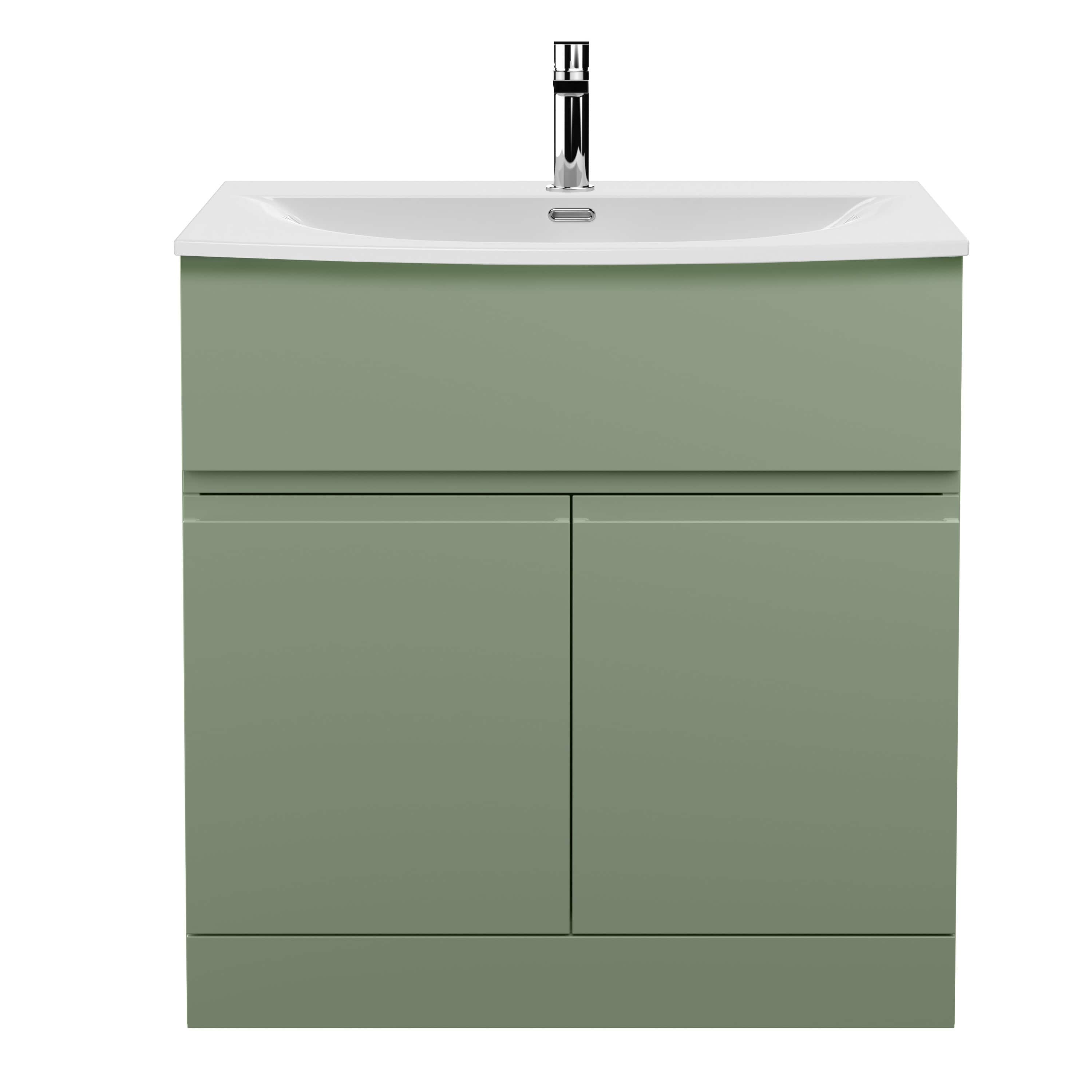 Modern green bathroom vanity with integrated sink and chrome faucet, perfect for contemporary bathroom design. Durable finish and ample storage space ensure both style and functionality.
