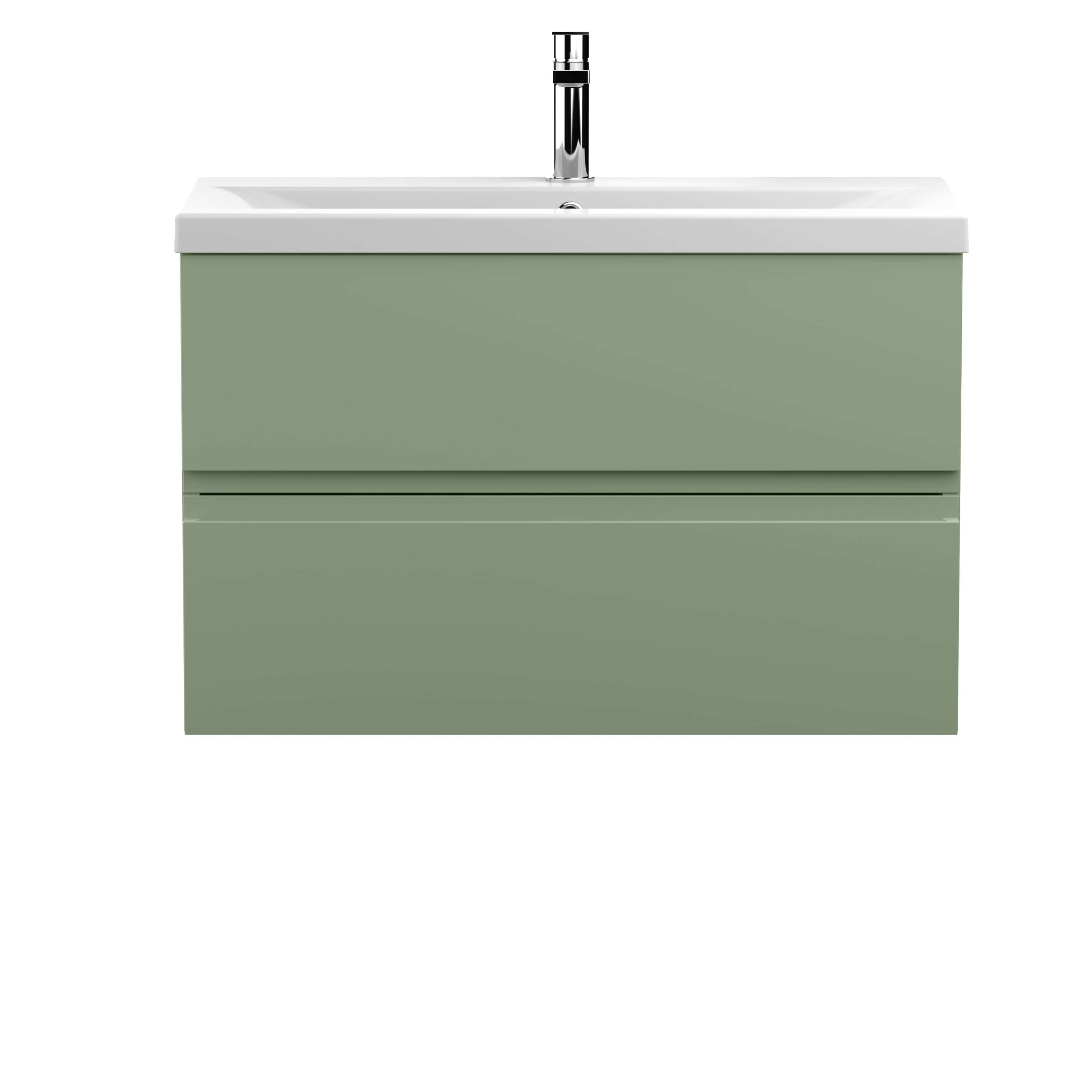 Modern bathroom vanity unit with integrated sink in soft green finish, featuring sleek, handleless design for a minimalist look. Perfect for contemporary bathroom upgrades.