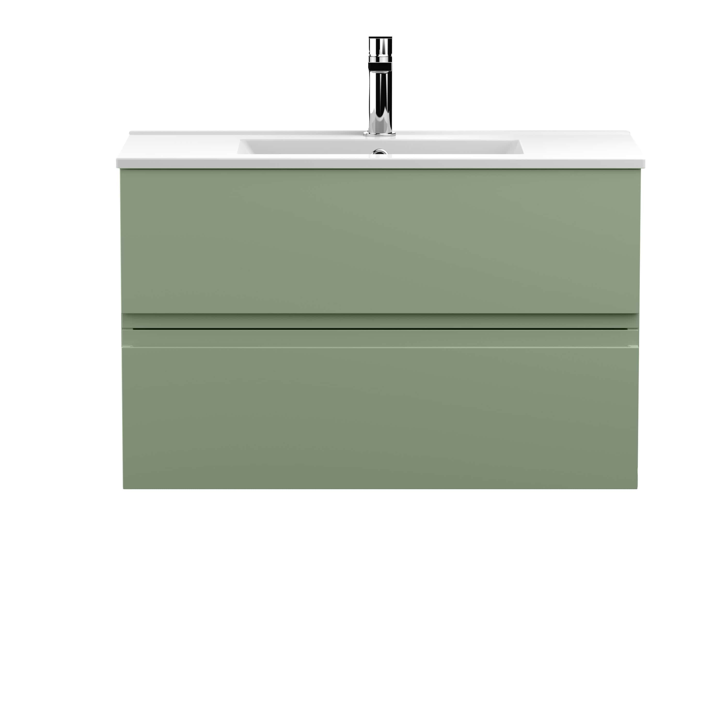 Sustainable green modern bathroom vanity with integrated sink and chrome faucet, perfect for contemporary bathroom design.