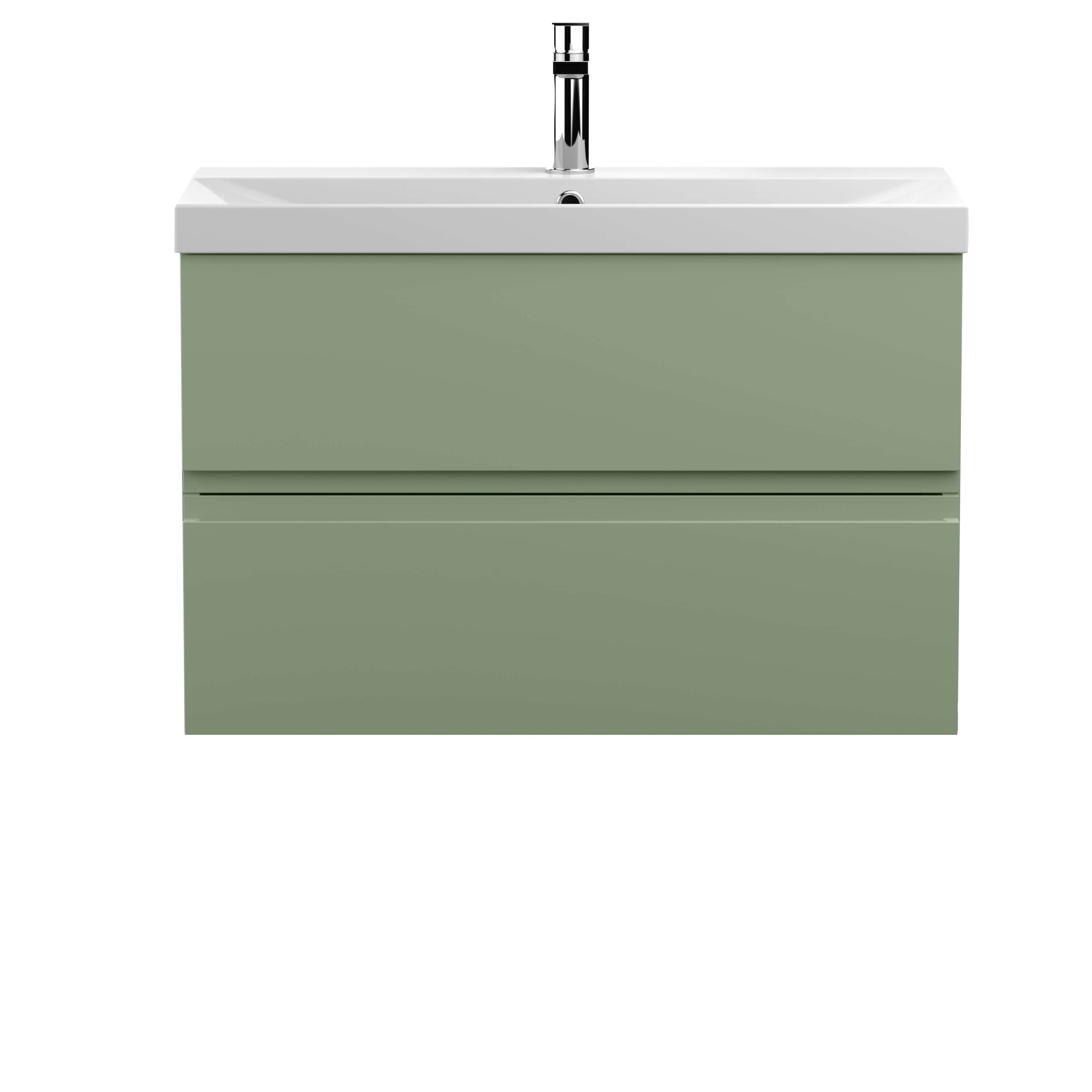 Sleek green bathroom vanity with integrated sink and modern chrome tap for contemporary bathroom design. Durable, stylish storage solution from Bubly Bathrooms UK.