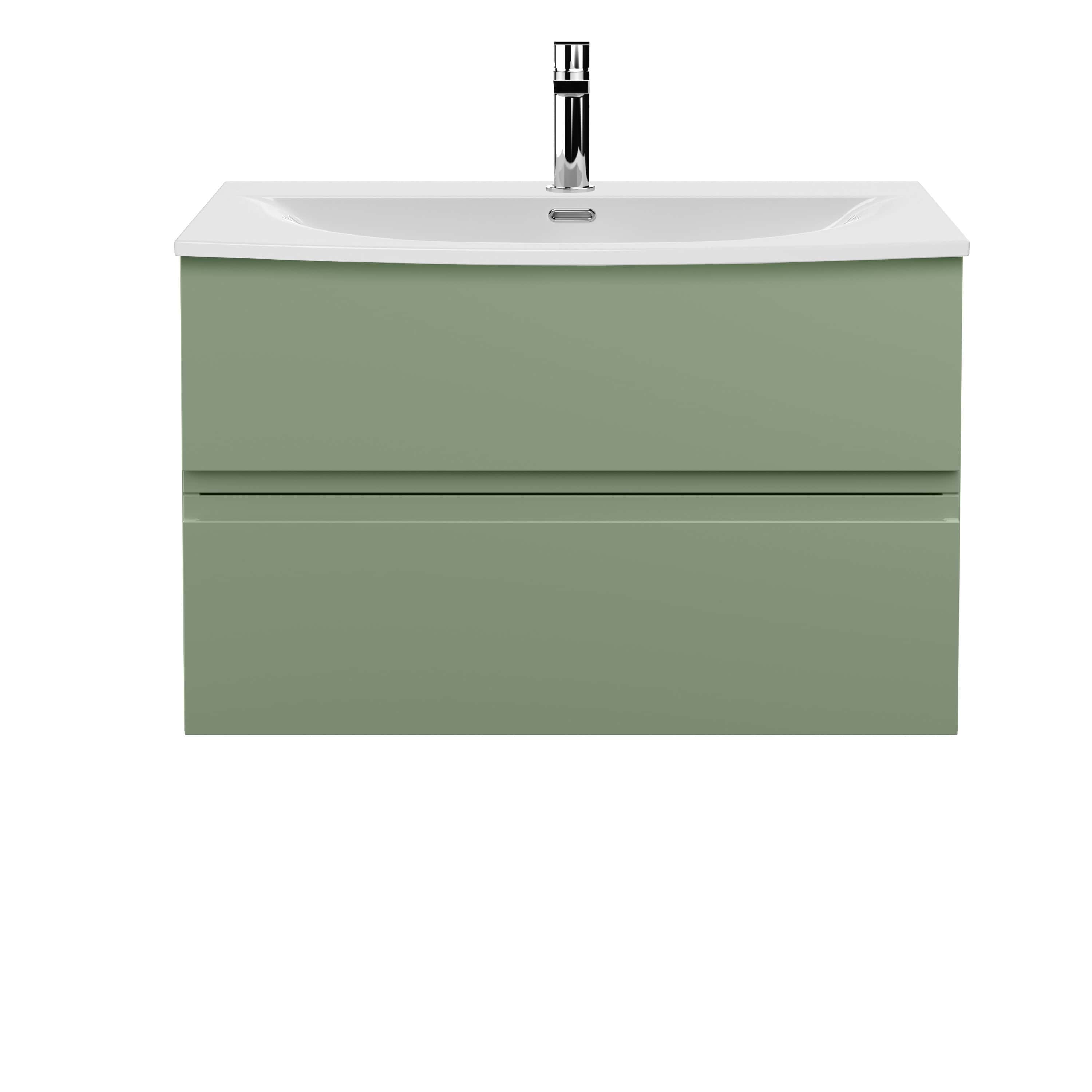 Sleek green bathroom vanity unit with integrated white ceramic sink and chrome tap, perfect for modern bathrooms seeking stylish and functional storage solutions.