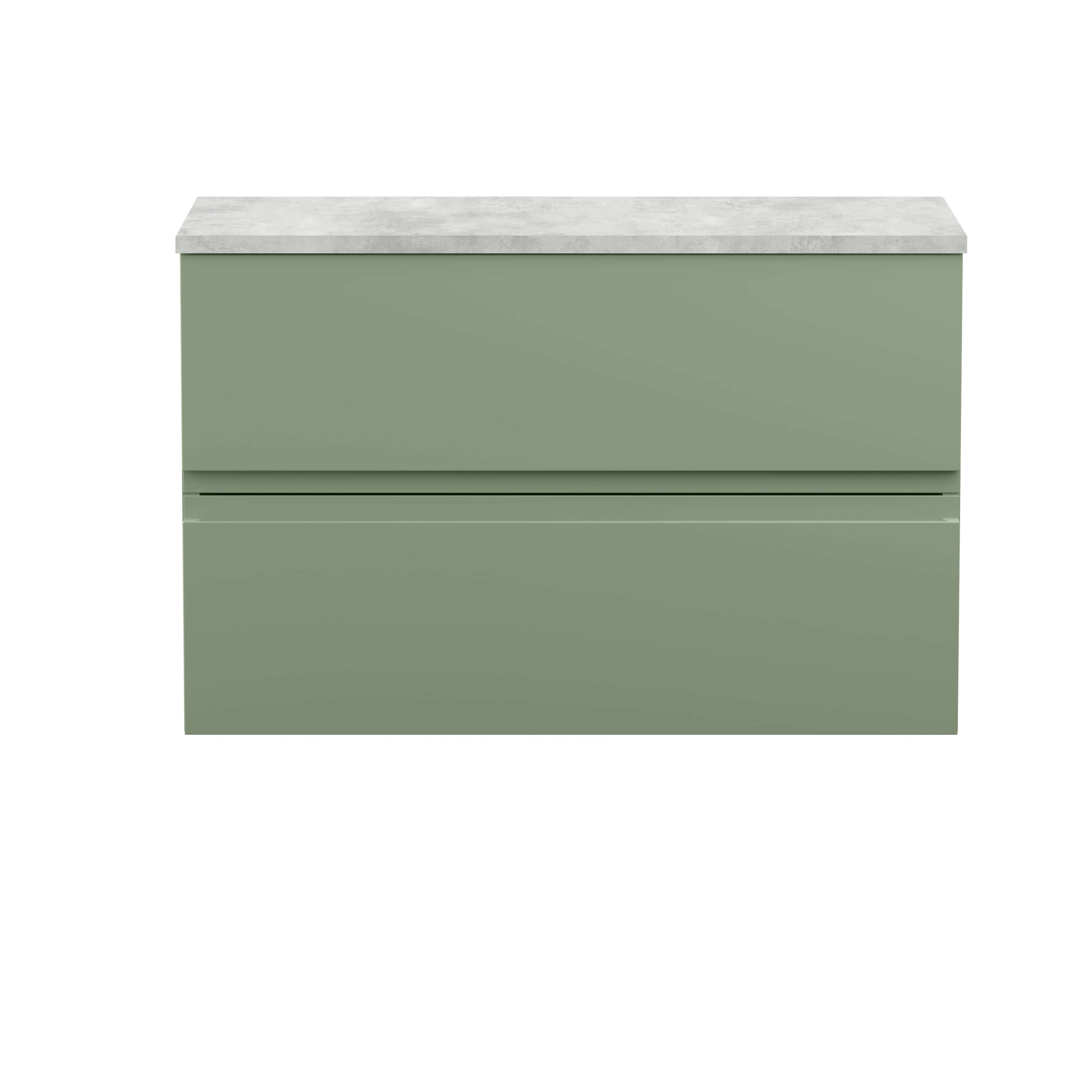 Sleek olive green bathroom vanity with a minimalist design and a marble top, perfect for modern bathrooms and storage solutions.