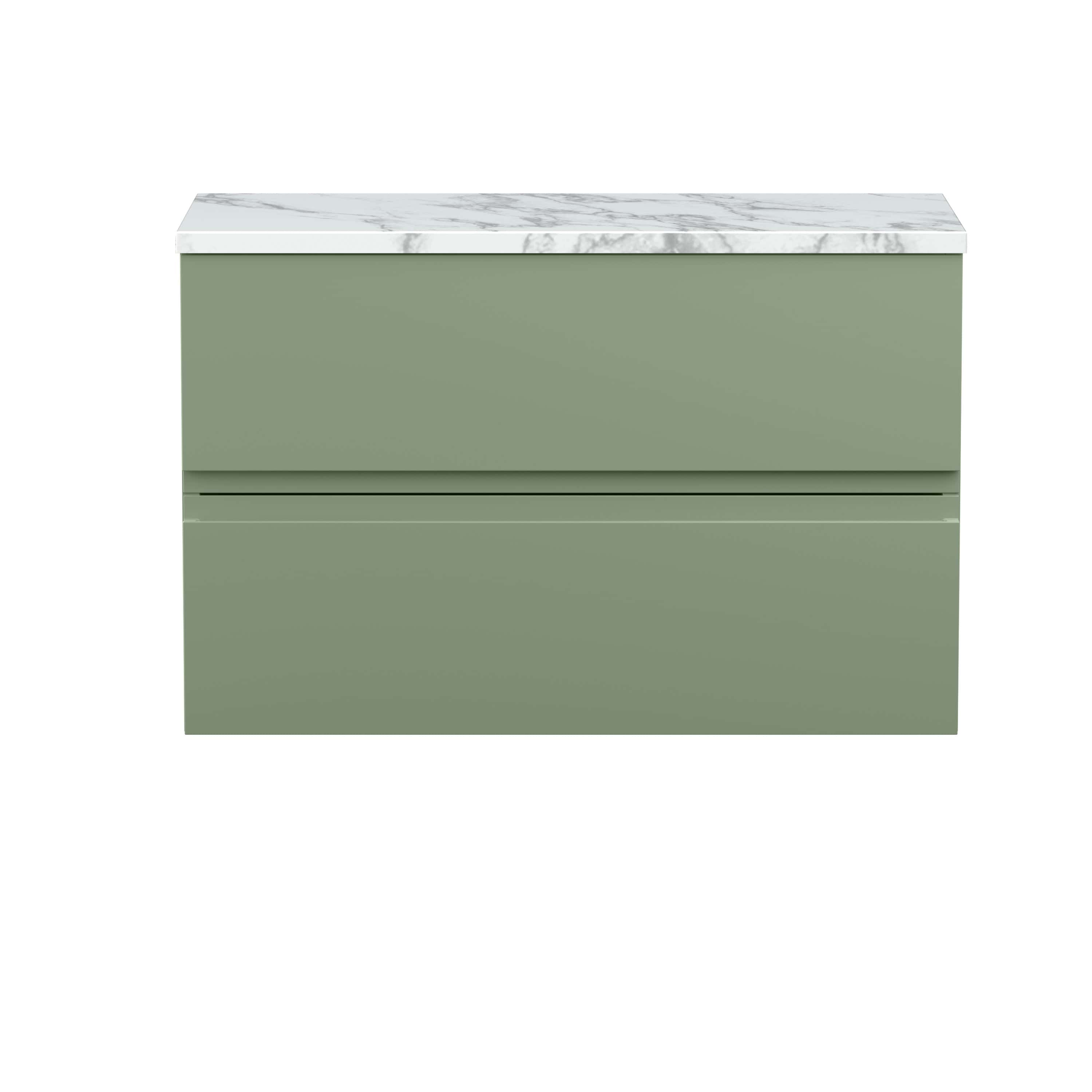 Sleek green bathroom vanity with marble countertop, modern storage drawers, ideal for contemporary bathroom decor. Durable, stylish and functional design by Bubly Bathrooms.