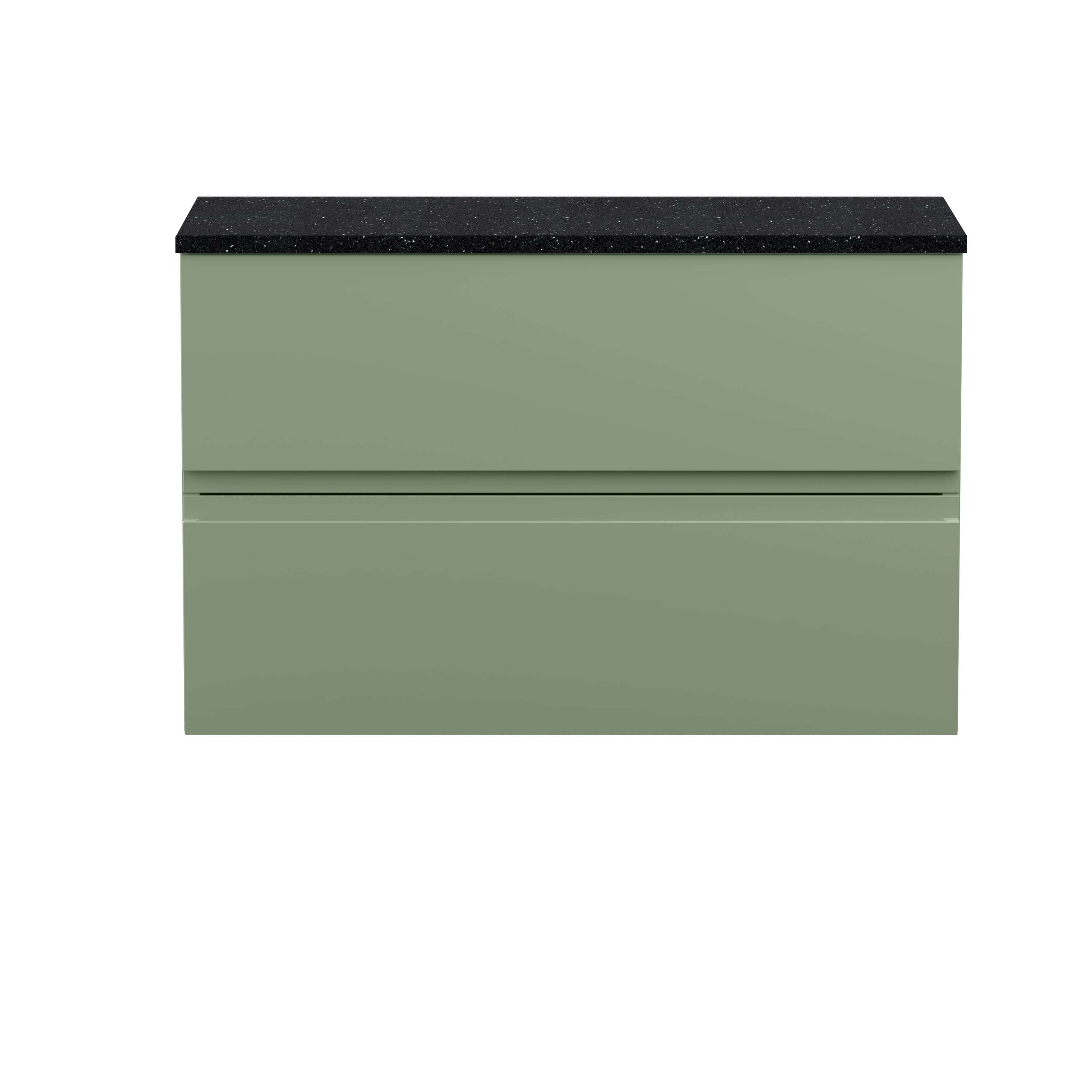Sleek modern bathroom vanity in sage green with black granite countertop, ideal for contemporary bathrooms and storage solutions, combining style and functionality.