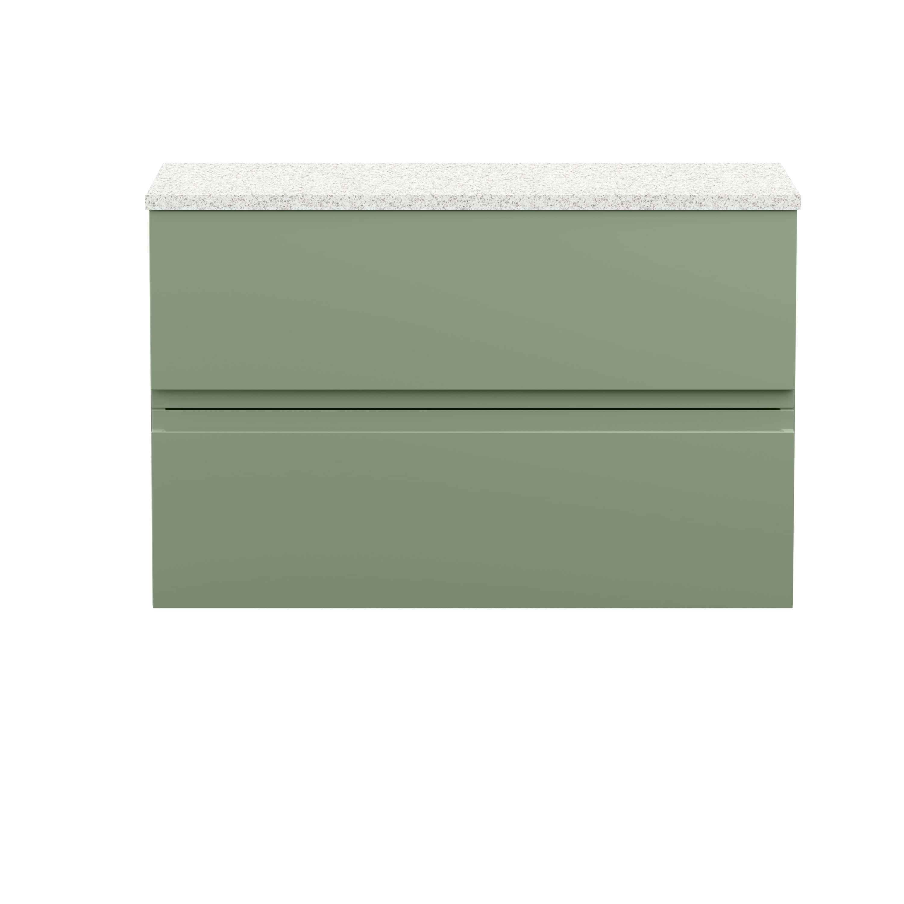 Sage green bathroom vanity with sleek minimalist design and a white speckled countertop, perfect for modern bathroom storage and organisation.