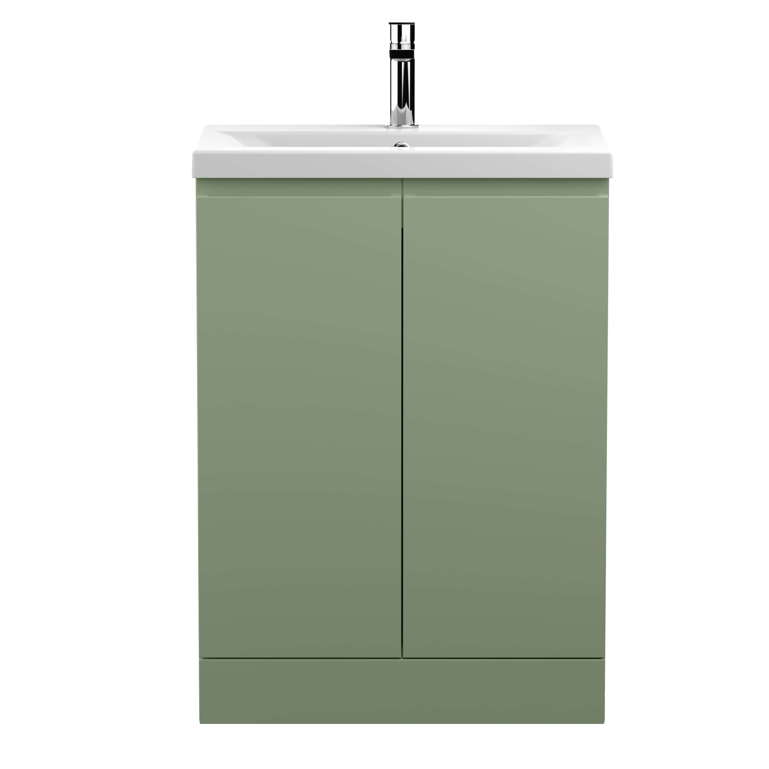 Modern bathroom vanity with integrated sink and chrome faucet, featuring sleek green cabinetry for contemporary bathroom decor.