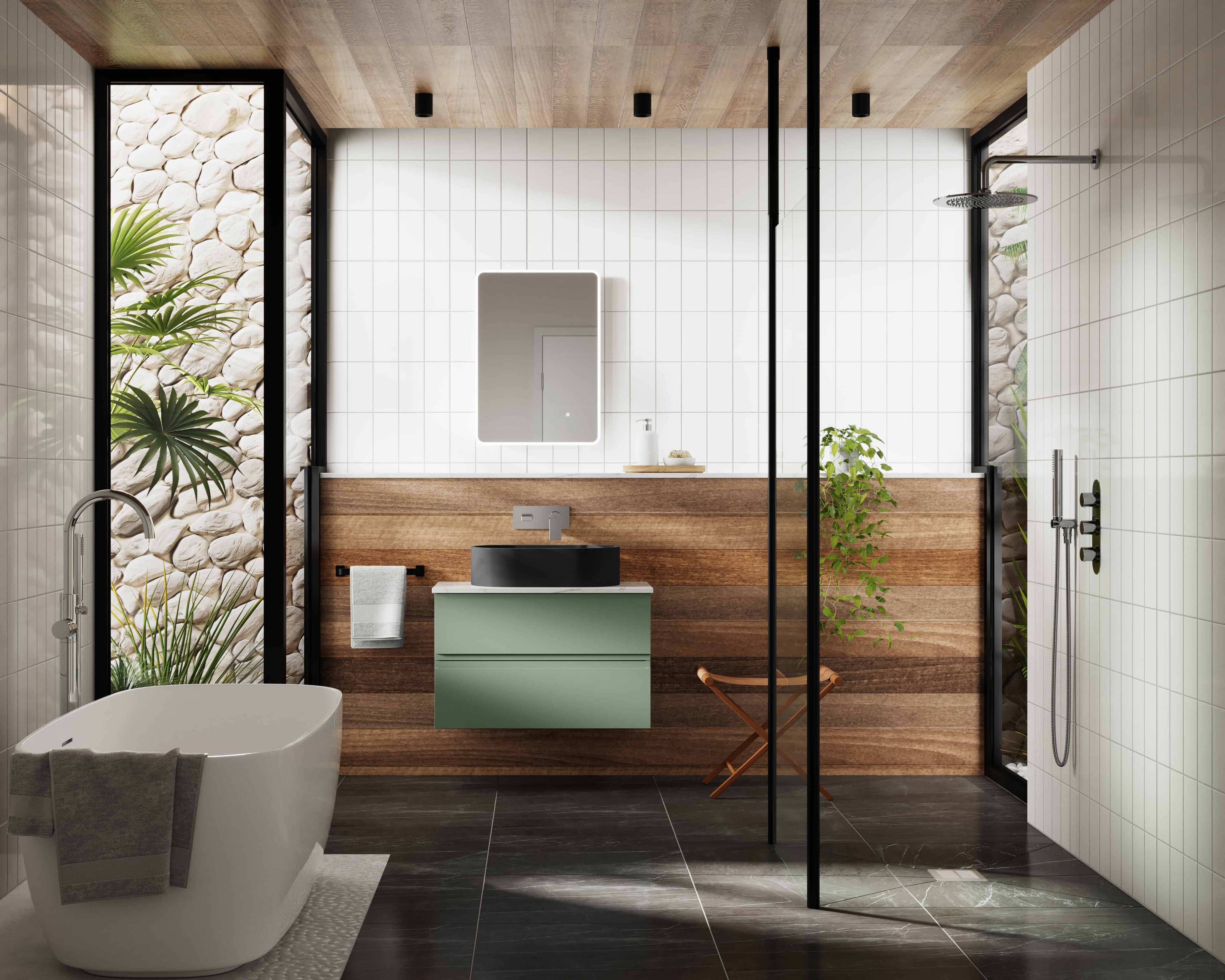 Luxurious modern bathroom with freestanding bath, walk-in shower, sleek black fixtures, white tiled walls, wooden accents, and lush indoor plants for a spa-inspired retreat.