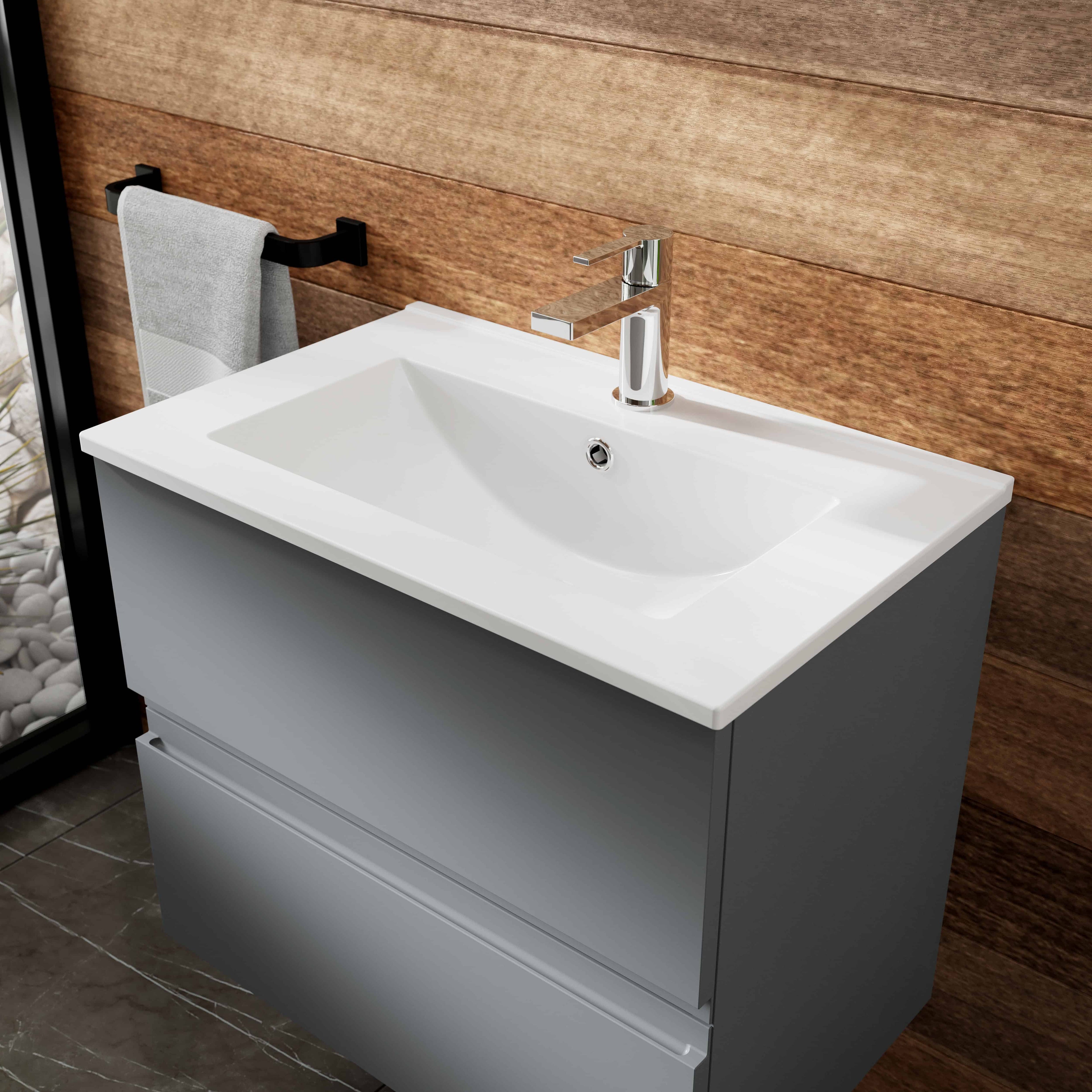 Modern bathroom vanity with white ceramic sink and sleek grey cabinet, featuring a chrome faucet and wooden wall paneling, ideal for contemporary bathroom designs.
