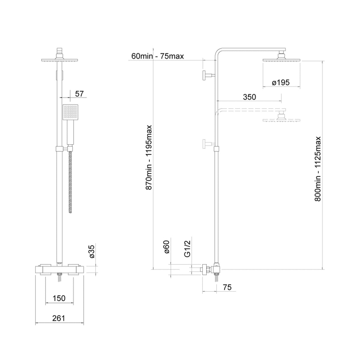 High-quality shower system technical drawing with dimensions, maximum and minimum height settings, and adjustable components for bathroom renovation. Designed for modern bathroom installations.