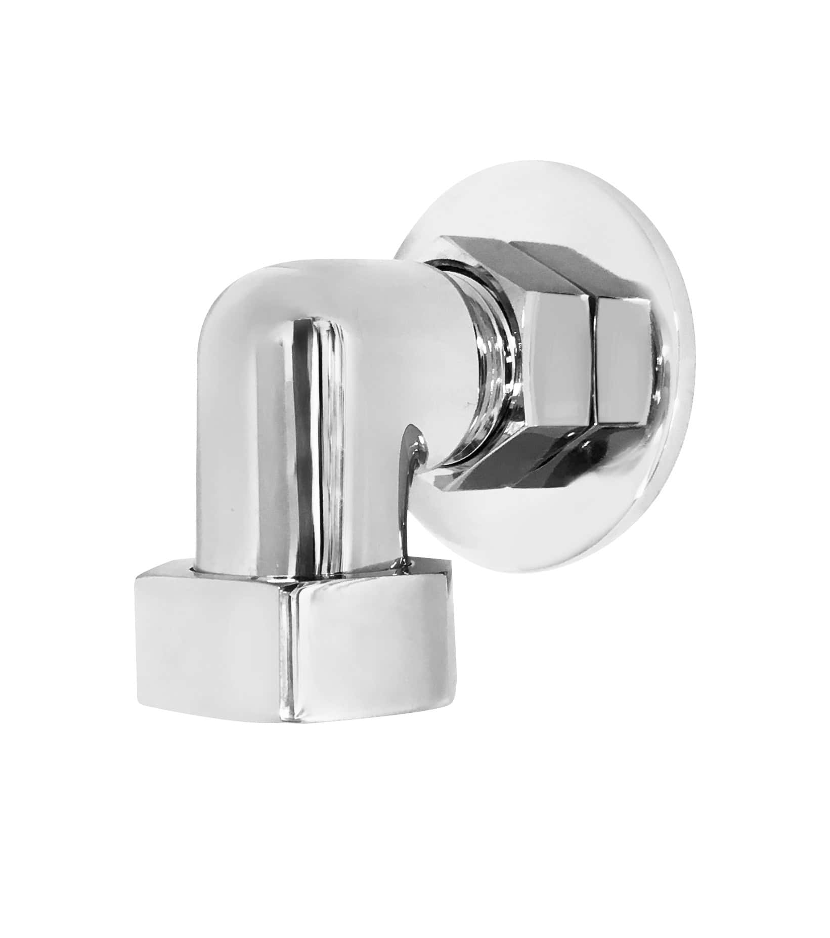 Chrome bathroom wall pipe fitting, modern plumbing component for residential bathrooms, polished chrome finish.
