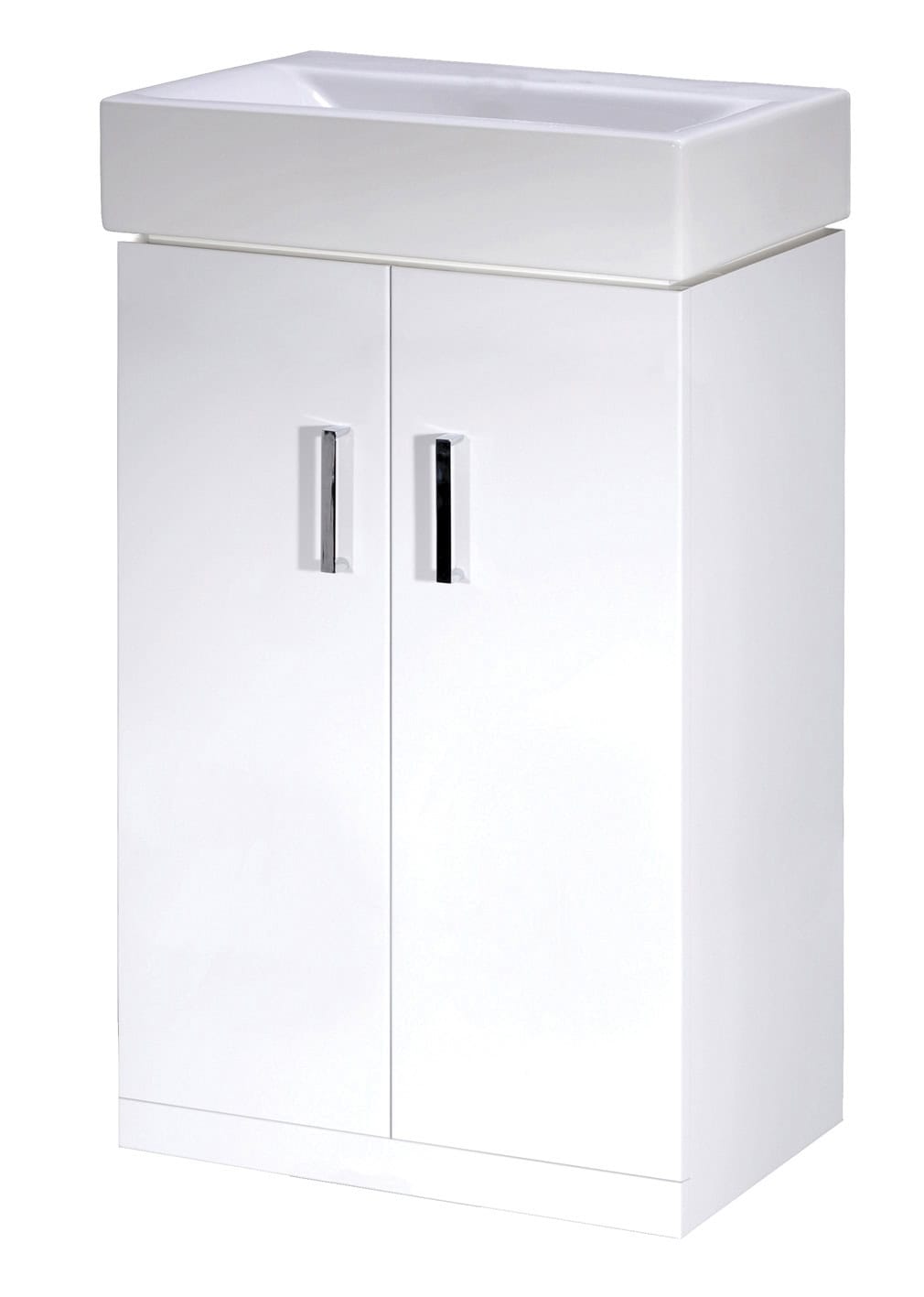 Modern white bathroom vanity with sink, storage cabinets and chrome handles, ideal for contemporary bathroom designs. Perfect for bathroom storage and organisation.