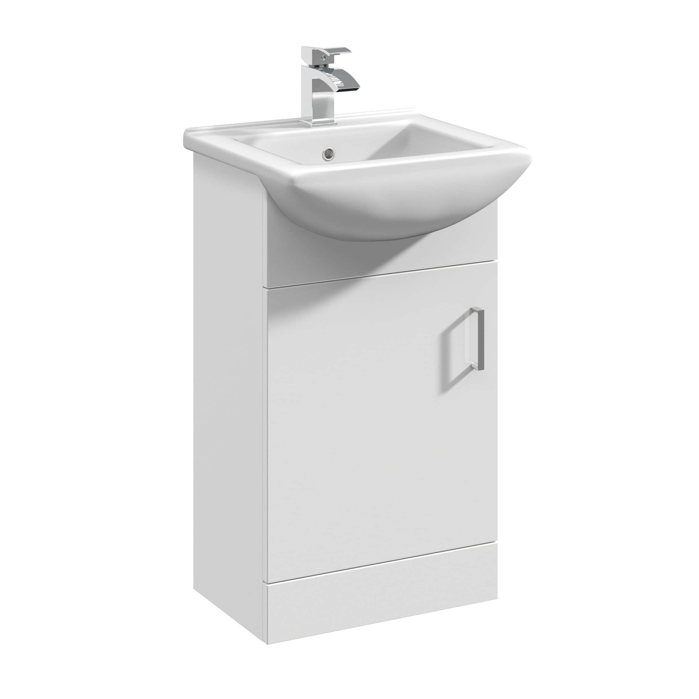 Modern white bathroom sink with storage cabinet, chrome tap, and clean design, ideal for contemporary bathroom decor and space-saving bathroom solutions.