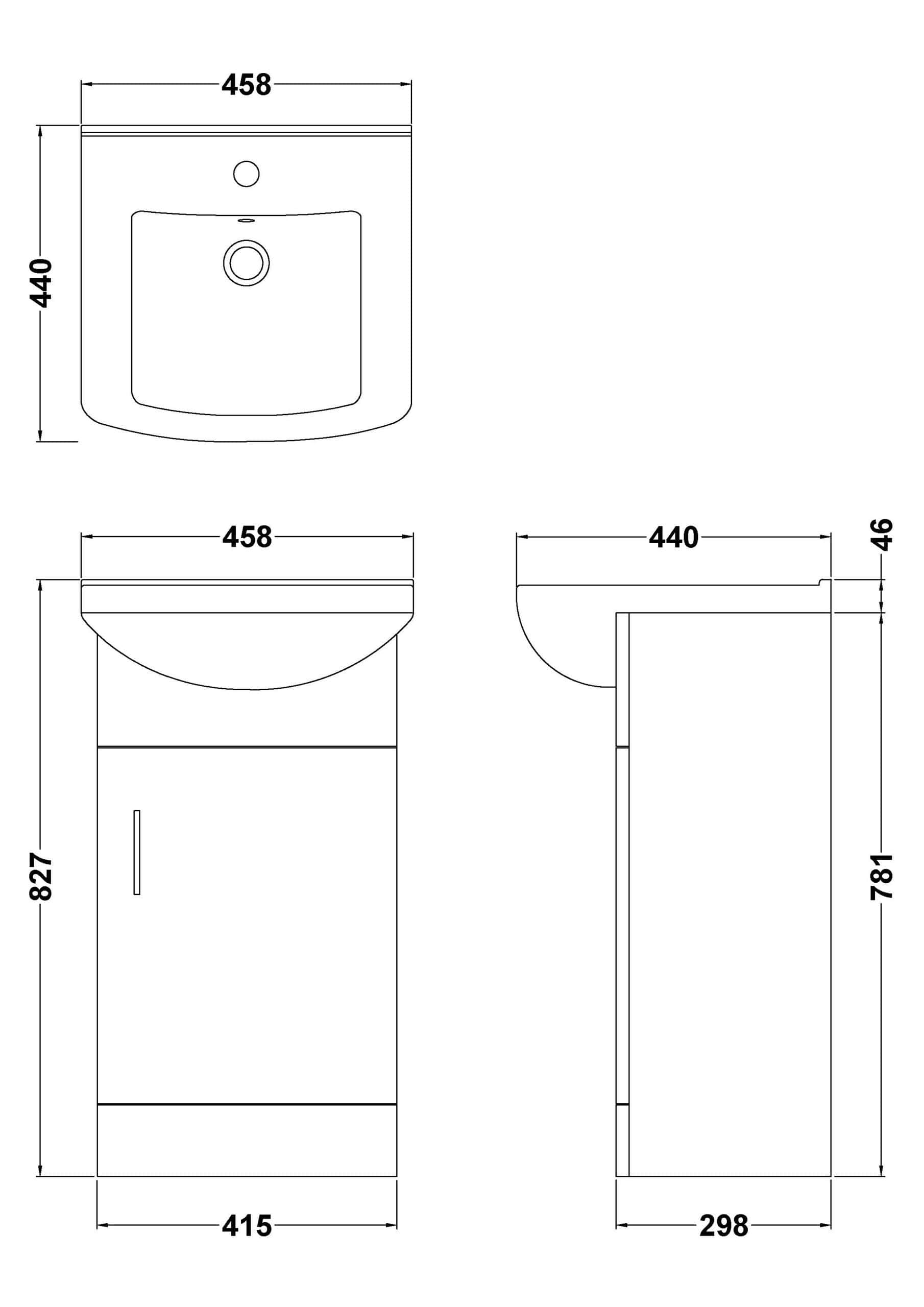 Sleek white bathroom sink design with compact cabinet, ideal for modern bathrooms, featuring precise measurements for seamless installation. Perfect for efficient bathroom space planning.