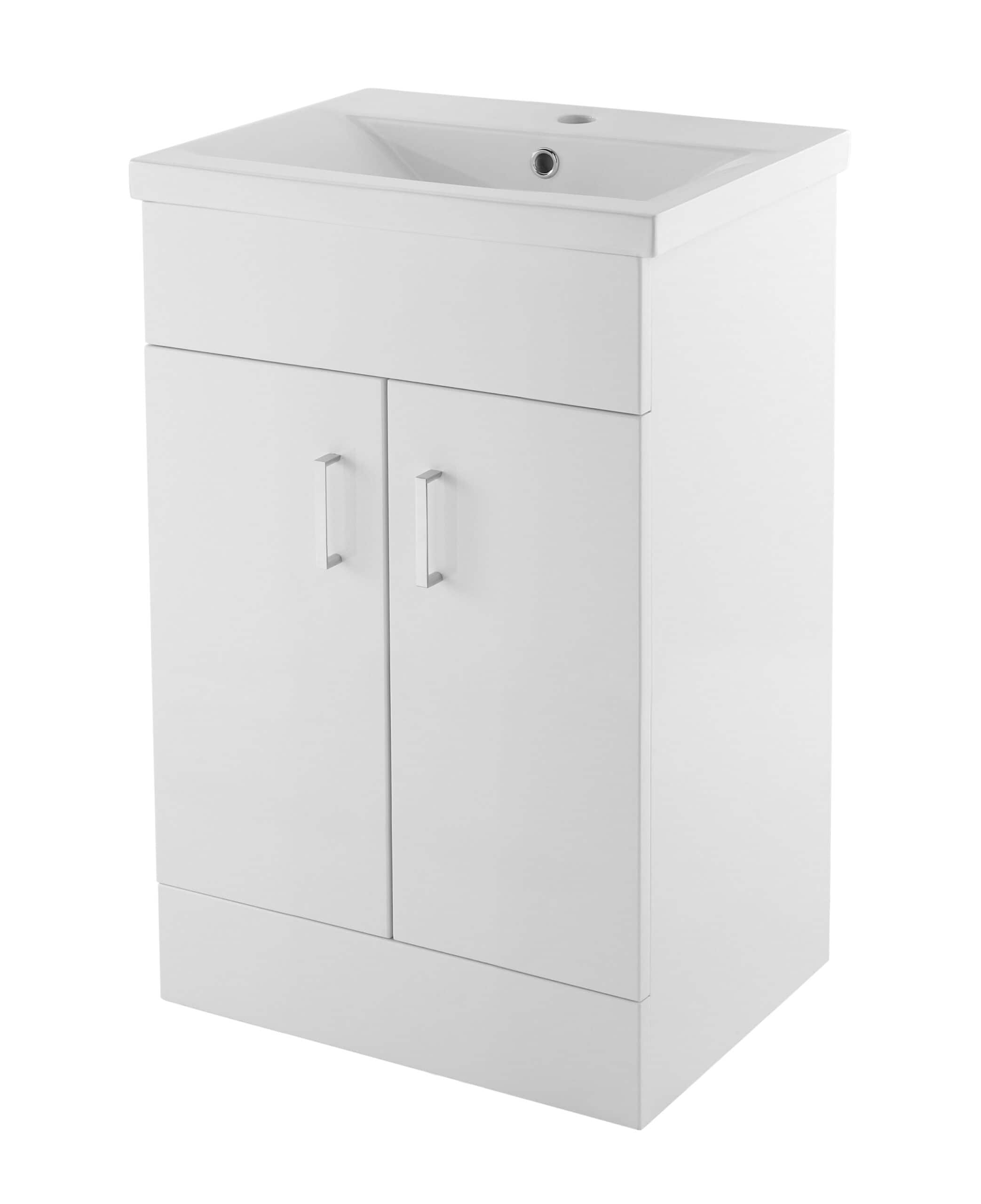 White bathroom vanity unit with integrated sink, storage cabinet, and modern handles, ideal for contemporary bathroom decor. Perfect for organising toiletries and creating a sleek, functional space.