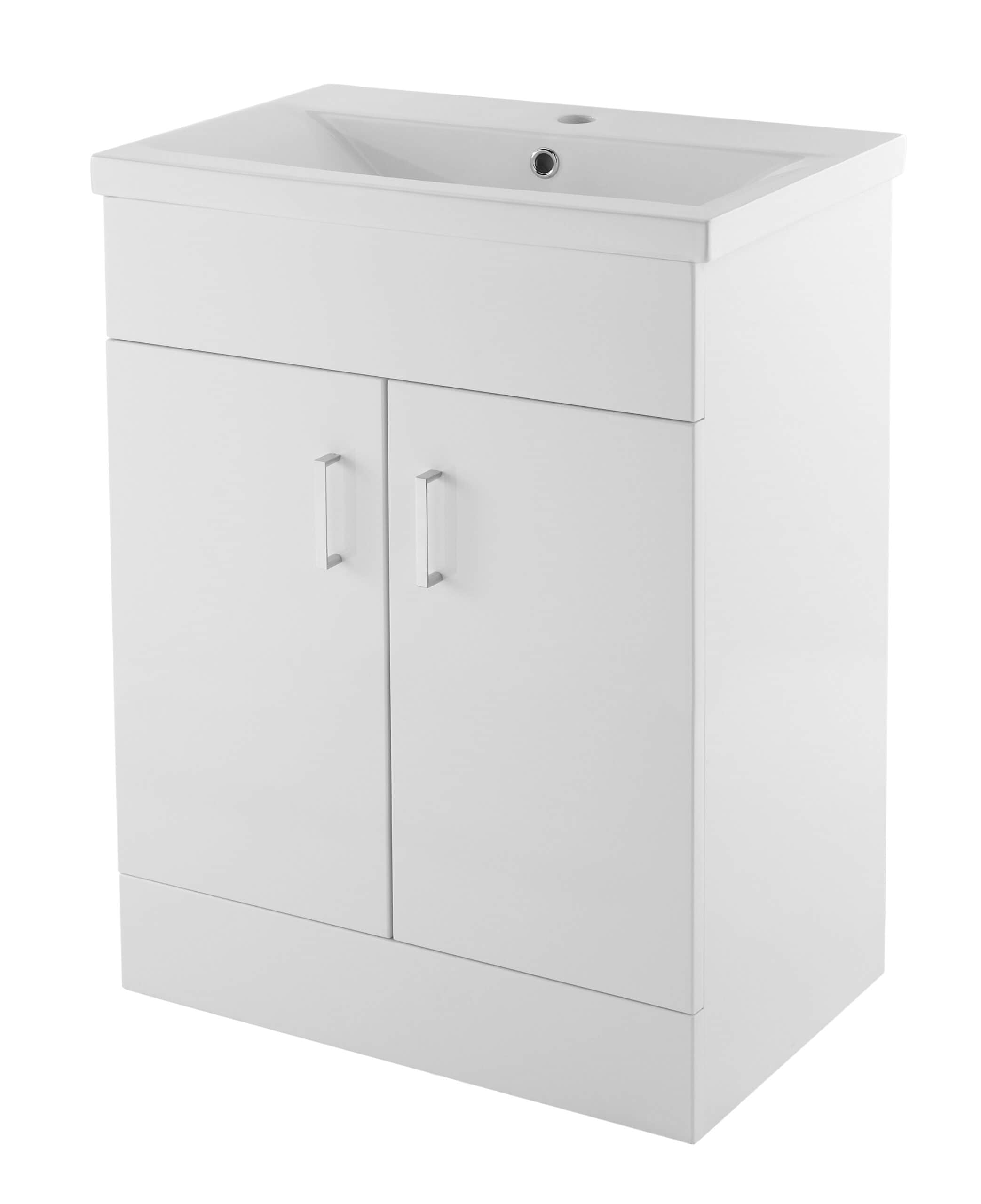 White bathroom vanity unit with integrated sink and cabinet storage, perfect for modern bathrooms. Durable, stylish, and space-saving design from Bubly Bathrooms.