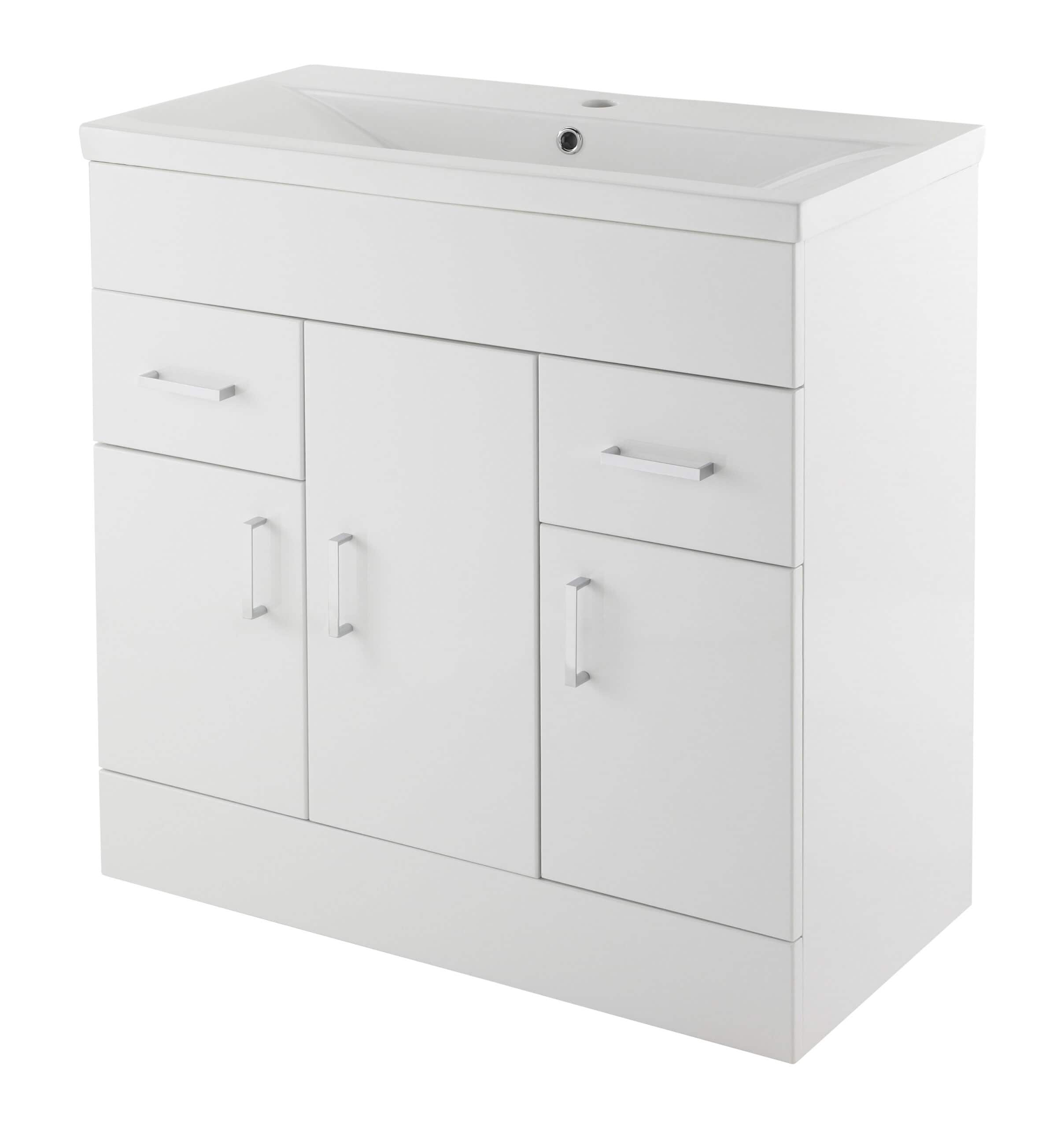 Sleek white bathroom vanity unit with integrated sink, storage drawers and cabinets, ideal for modern bathrooms. Perfect for organisation and contemporary bathroom design.