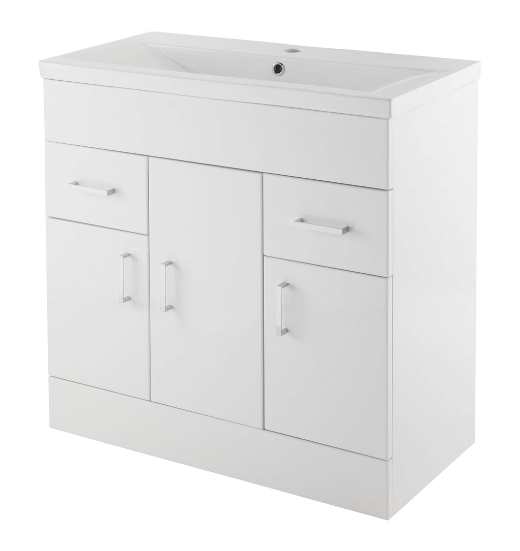 Modern white bathroom vanity unit with integrated sink and storage drawers, ideal for contemporary bathroom designs. Perfect for bathroom furniture and storage solutions by Bubly Bathrooms.