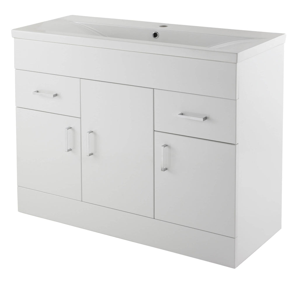 Modern white bathroom vanity unit with integrated sink and storage cabinets, ideal for contemporary bathroom interiors. Perfect for organising bathroom essentials with a sleek, minimalist design.