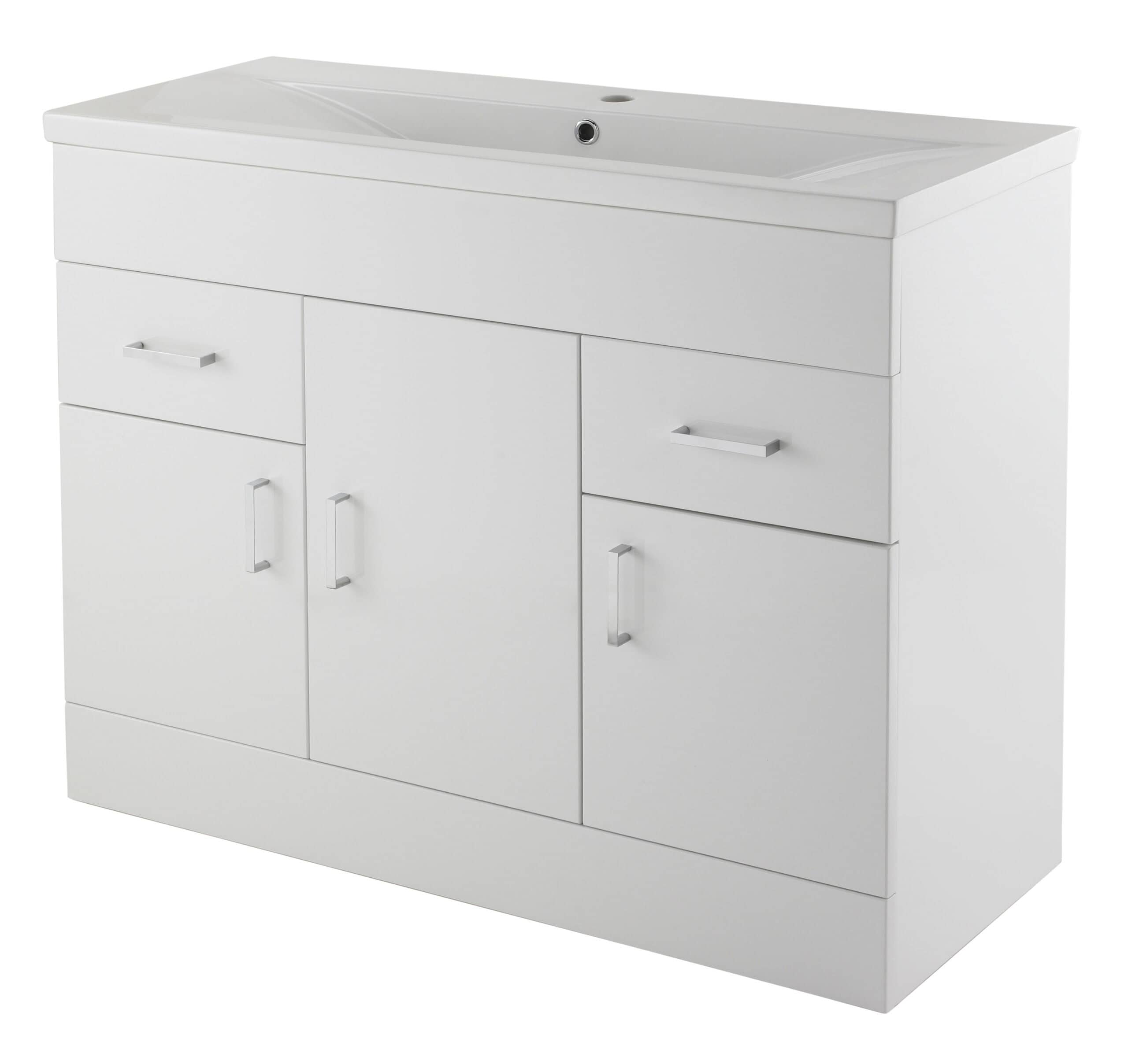 Modern white bathroom vanity unit with integrated sink and storage cabinets, ideal for contemporary bathroom interiors. Perfect for organising bathroom essentials with a sleek, minimalist design.