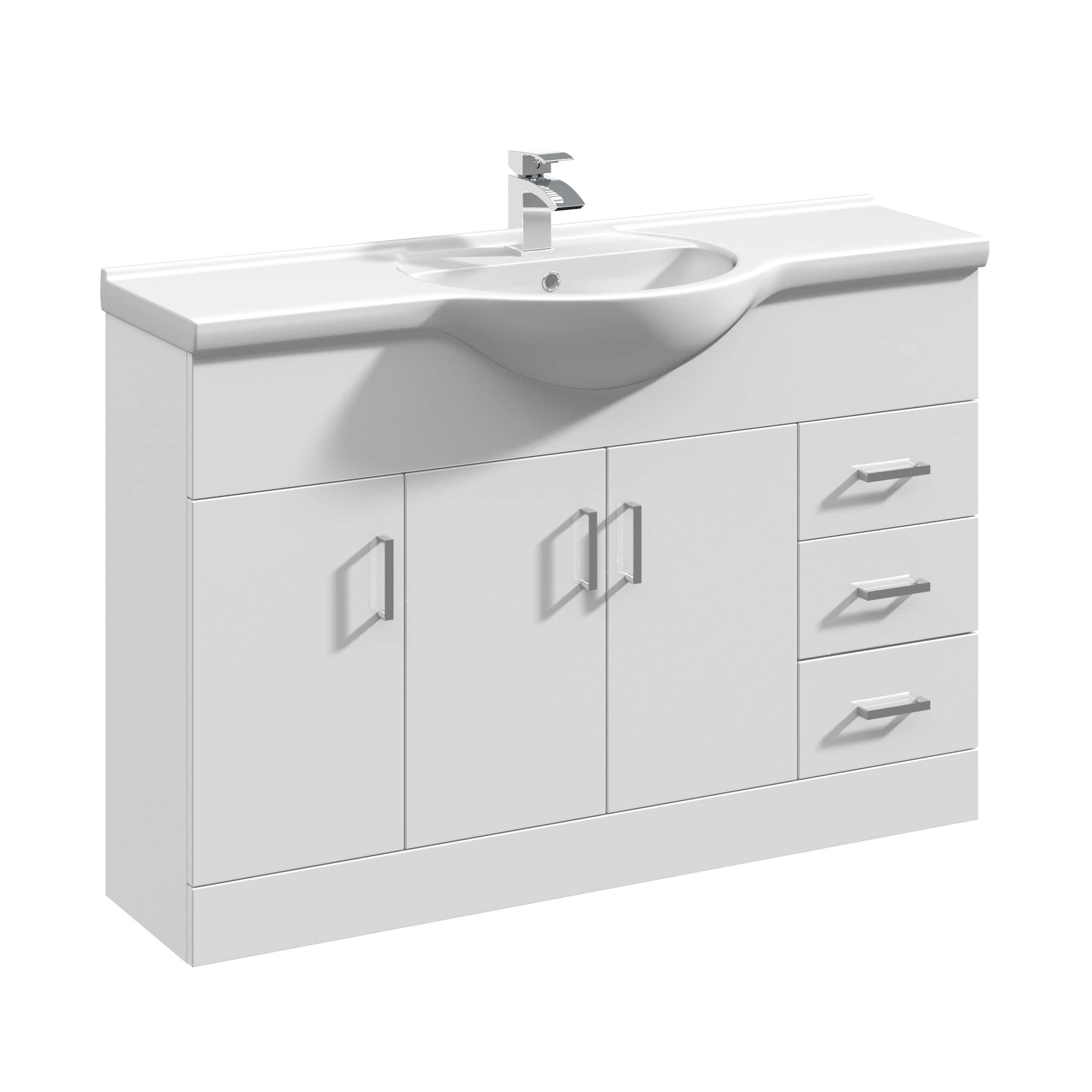 Modern white bathroom vanity unit with integrated sink and chrome tap, featuring multiple storage cabinets and drawers, ideal for contemporary bathroom design.