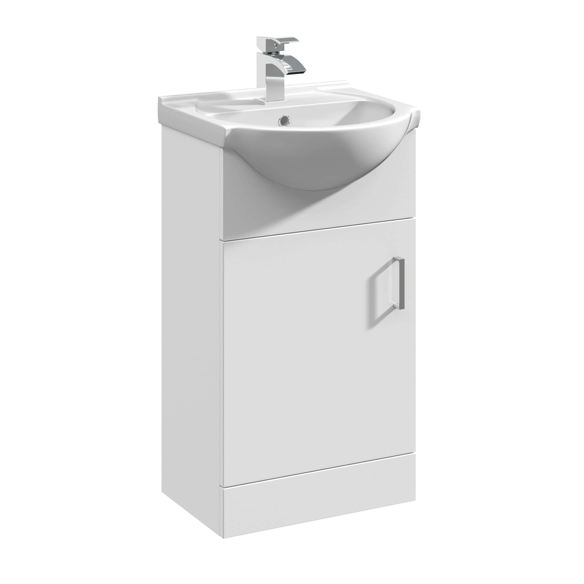 White bathroom vanity unit with integrated ceramic sink and modern chrome faucet, ideal for contemporary bathroom renovation. Compact storage cabinet with door for bathroom essentials.