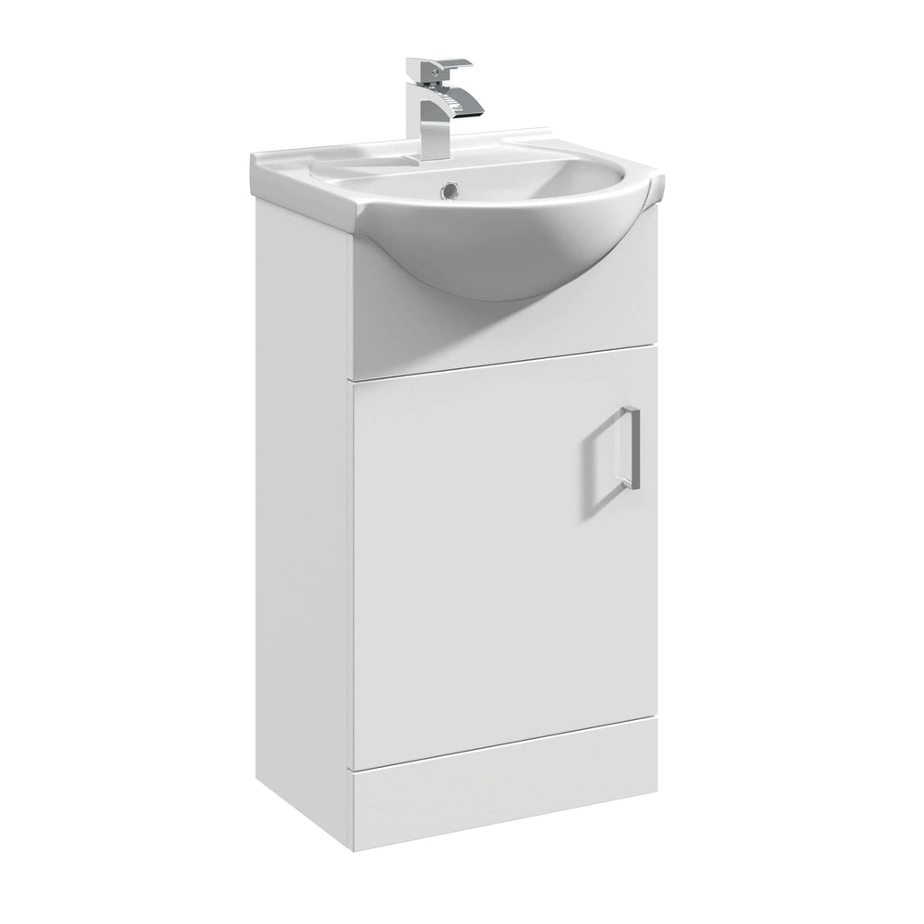 White bathroom vanity unit with integrated ceramic sink and modern chrome faucet, ideal for contemporary bathroom renovation. Compact storage cabinet with door for bathroom essentials.