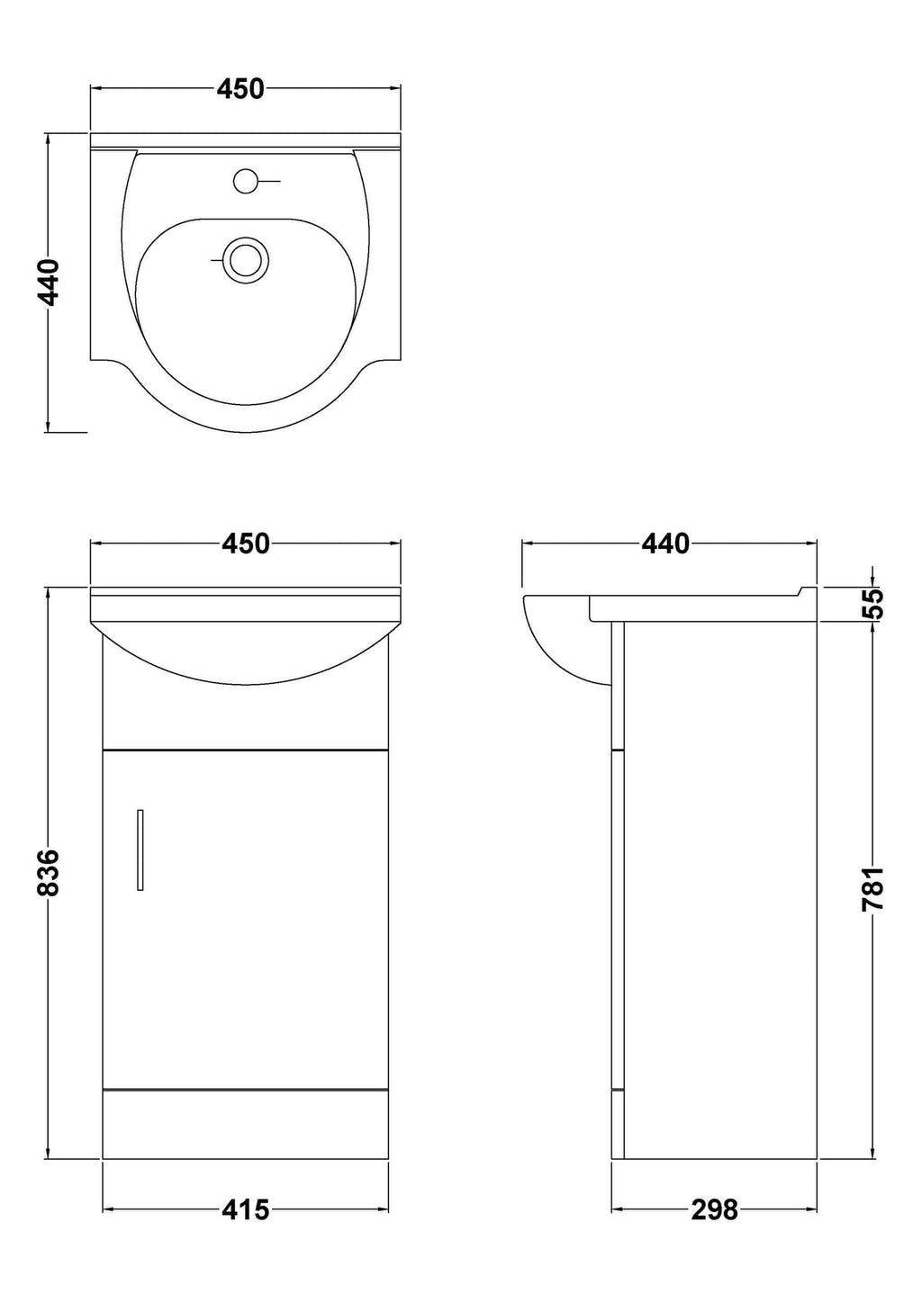 Sleek modern bathroom vanity with integrated sink, measuring 450mm x 440mm, featuring a stylish cabinet and durable countertop for contemporary bathroom designs.