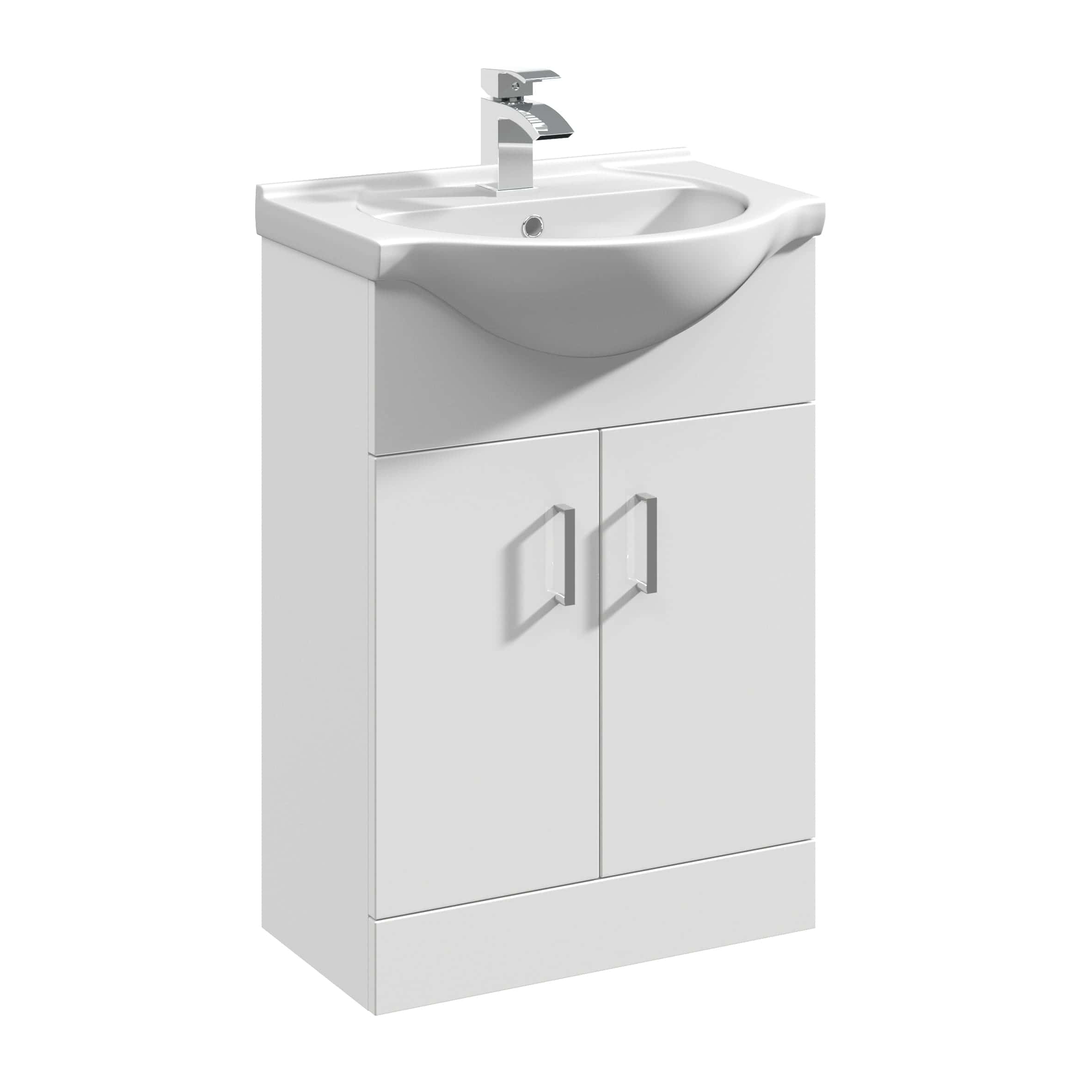 Modern white bathroom vanity with integrated sink and chrome faucet, ideal for contemporary bathroom decor and space-efficient storage solutions.