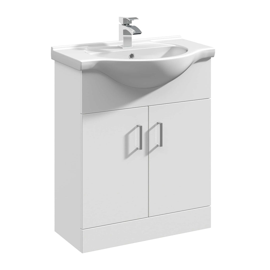 Modern white bathroom vanity with integrated sink and chrome faucet, ideal for contemporary bathroom decor. Durable cabinet with storage space for toiletries and bathroom essentials.