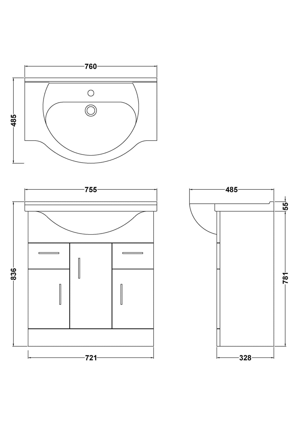 Modern bathroom vanity unit with integrated sink, featuring ample storage cabinets and drawers, ideal for bathroom remodels and bathroom furniture collections.