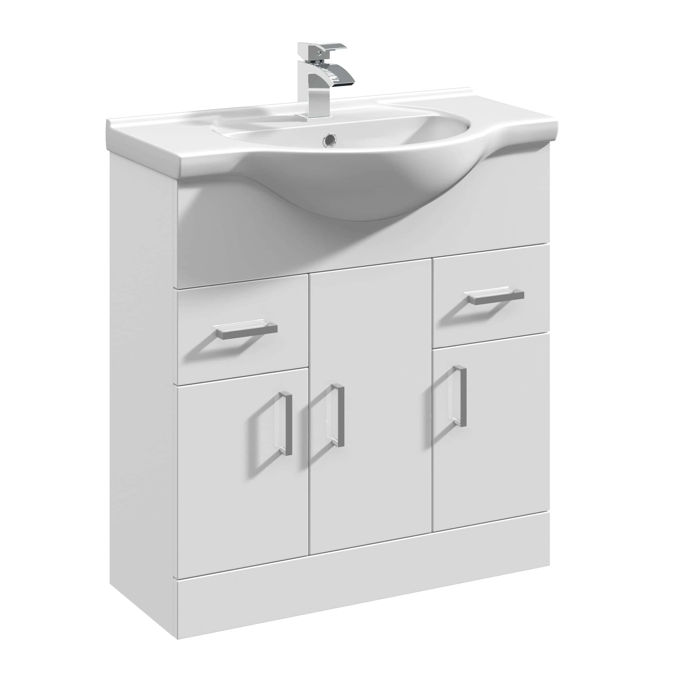 Bright white bathroom vanity cabinet with integrated sink and modern chrome faucet, ideal for contemporary bathroom renovations and storage solutions.