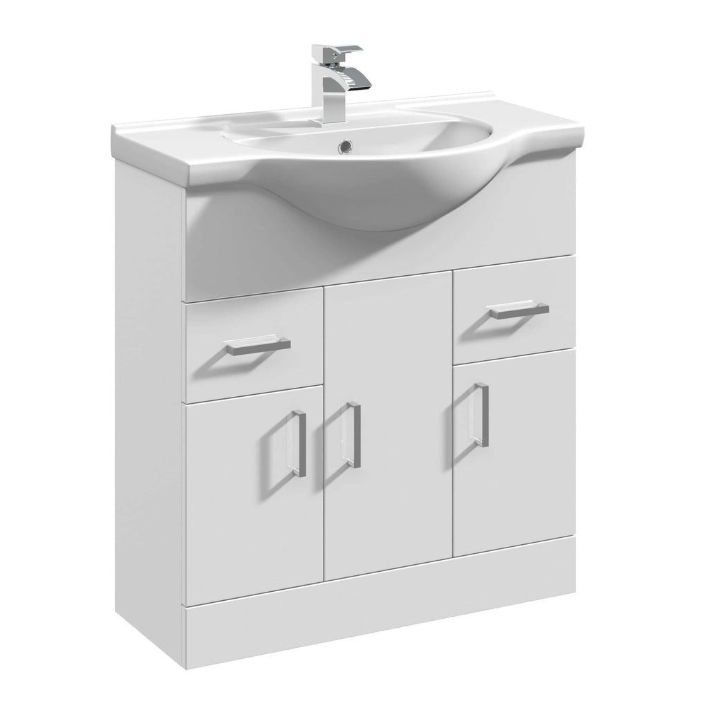 Bright white bathroom vanity cabinet with integrated sink and modern chrome faucet, ideal for contemporary bathroom renovations and storage solutions.