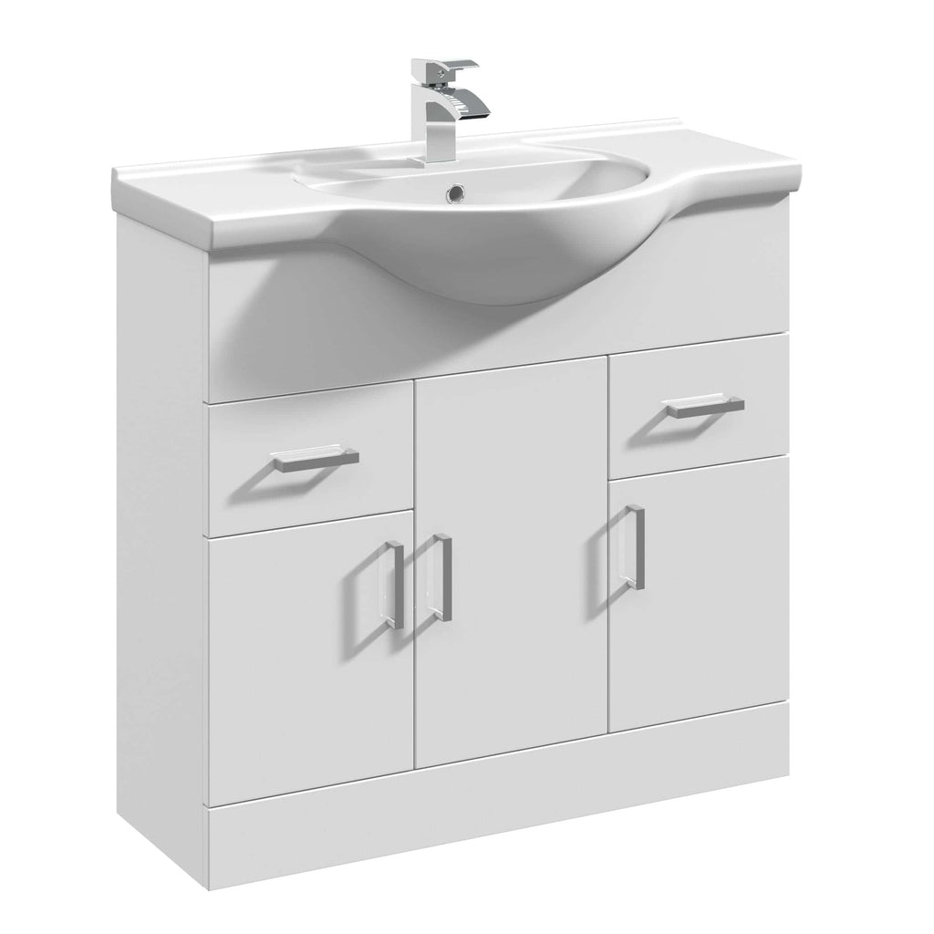 Modern white bathroom vanity with integrated sink, chrome faucet, and storage cabinets, ideal for contemporary bathroom designs. Perfect for functional and stylish bathroom upgrades.