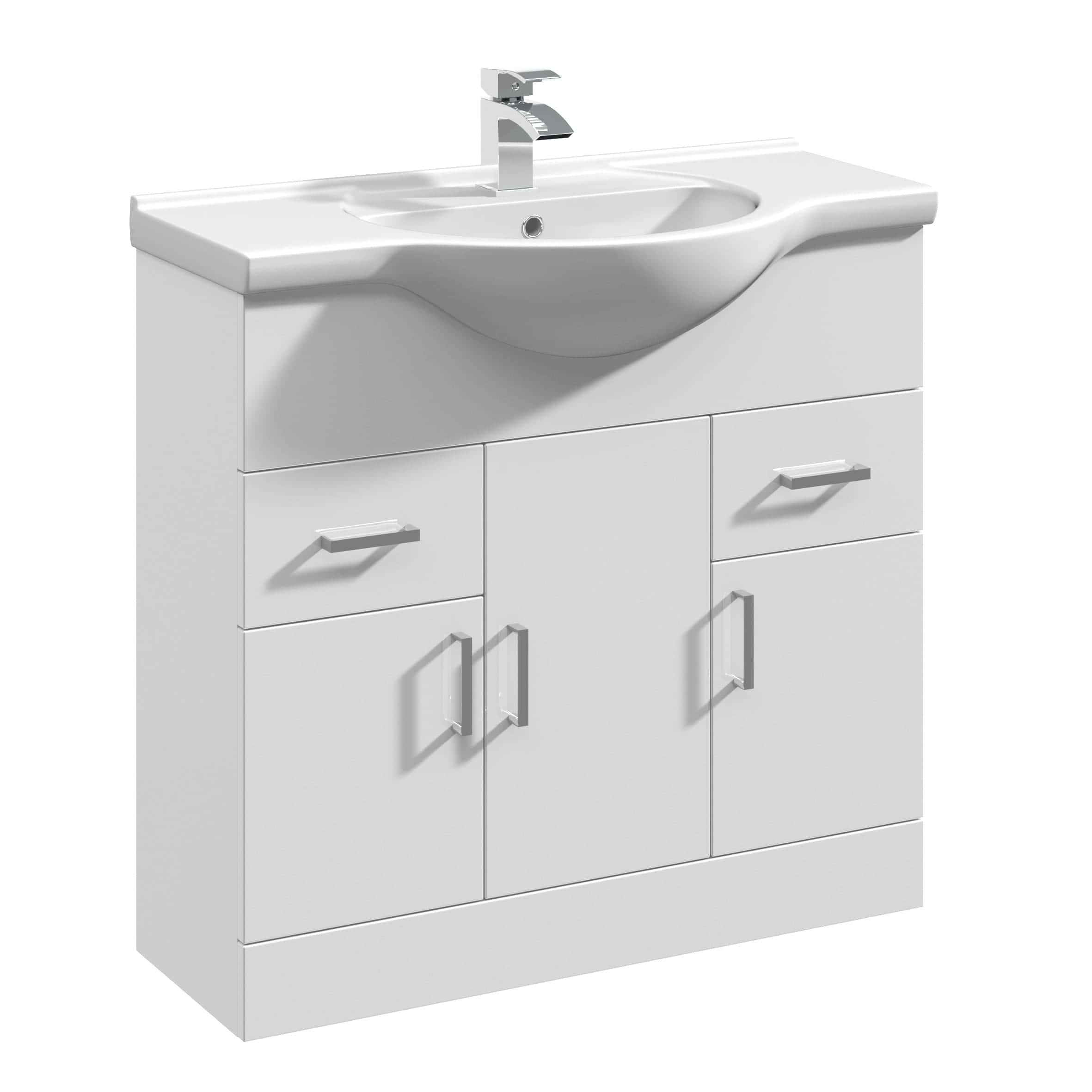 Modern white bathroom vanity with integrated sink, chrome faucet, and storage cabinets, ideal for contemporary bathroom designs. Perfect for functional and stylish bathroom upgrades.