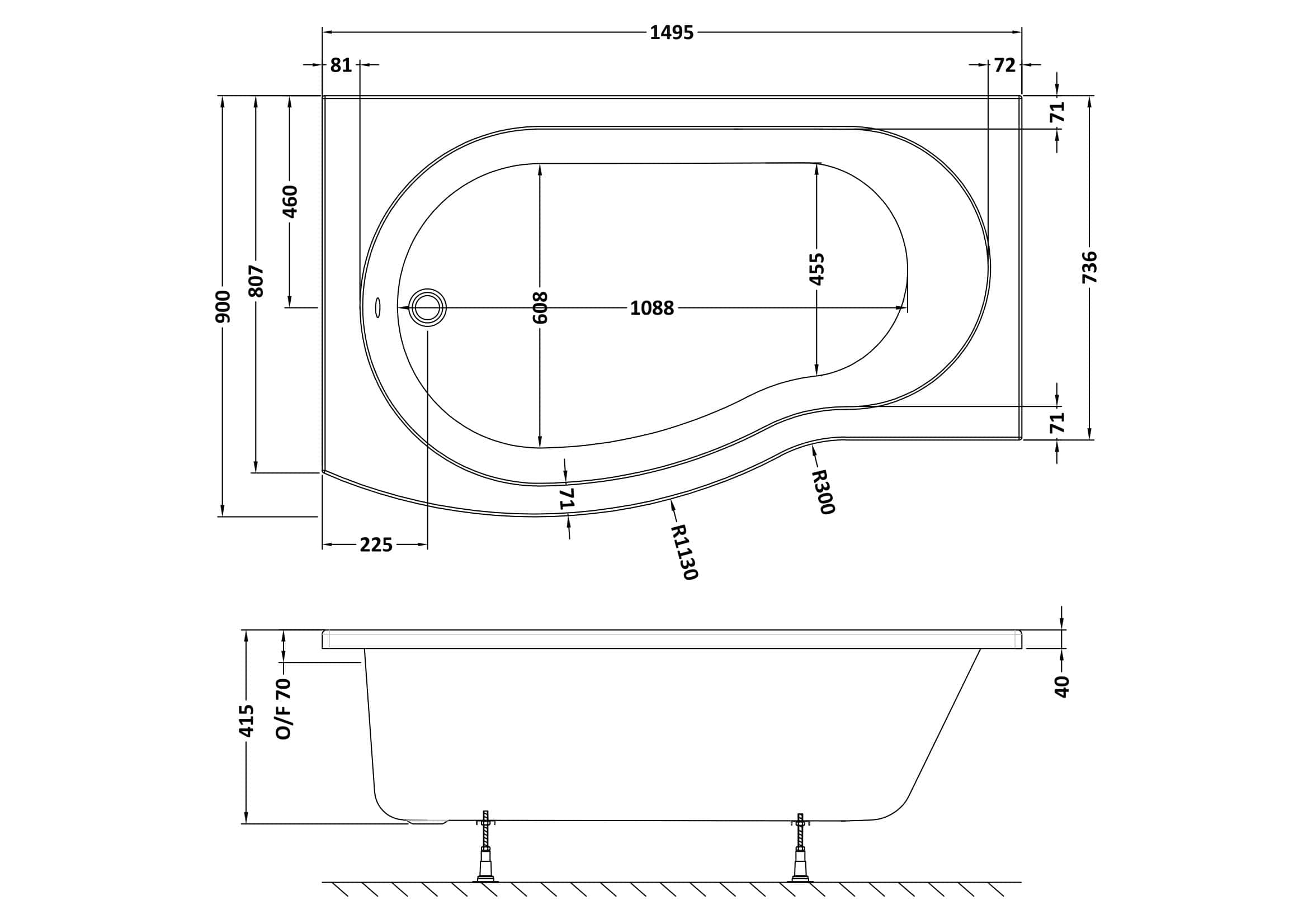 Stylish built-in bathtub with precise dimensions for modern bathroom designs, featuring ergonomic curves and technical specifications for optimal space planning.