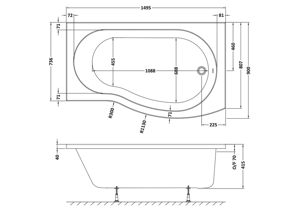 Contemporary bathtub technical drawing with detailed dimensions and installation specifications for modern bathroom design.